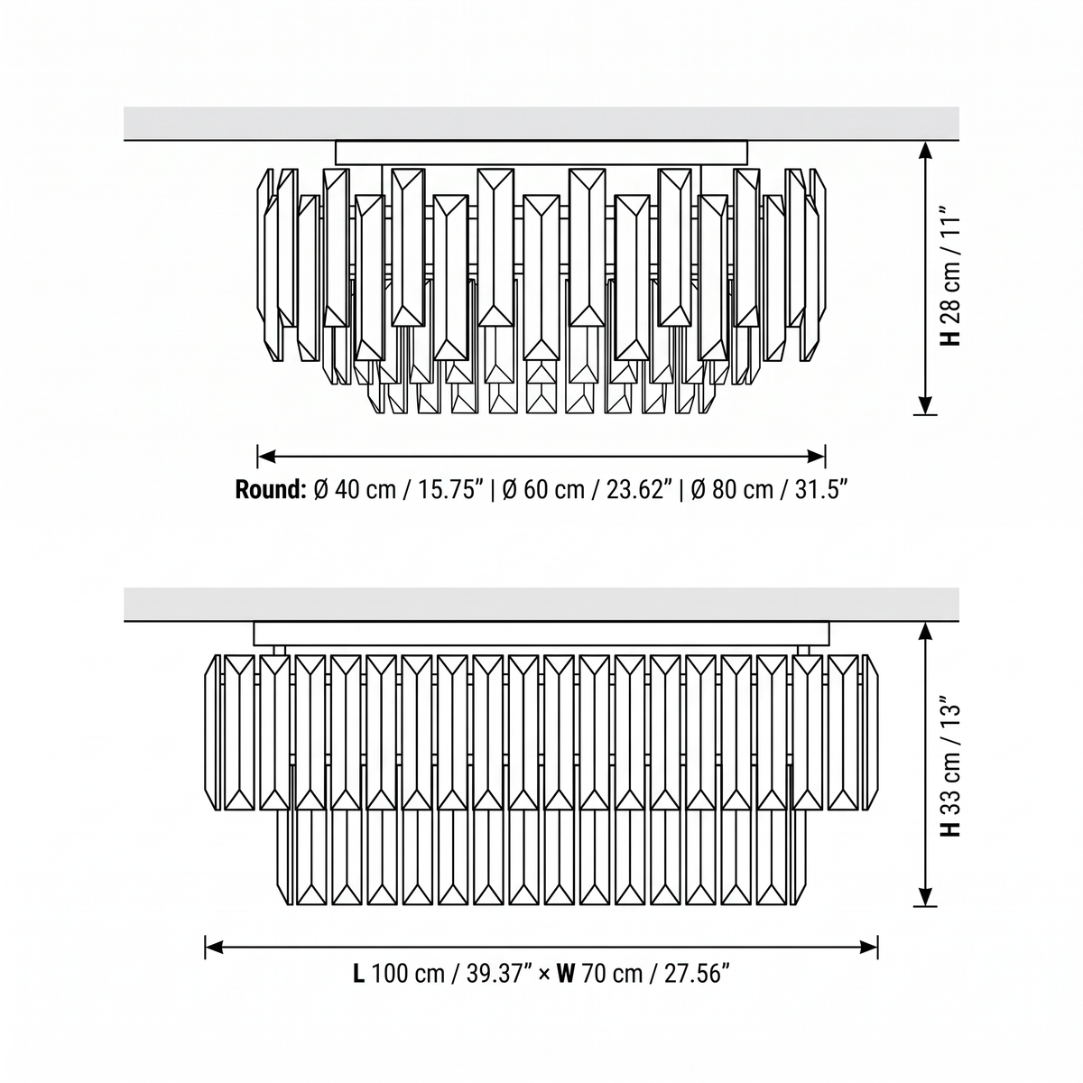 Kiah dimensions, round 40, 60 or 80cm (15.75, 23.62 or 31.5in) x 28cm (11in), rectangle 100 x 70 x 33cm (39.4 x 27.6 x 13in)