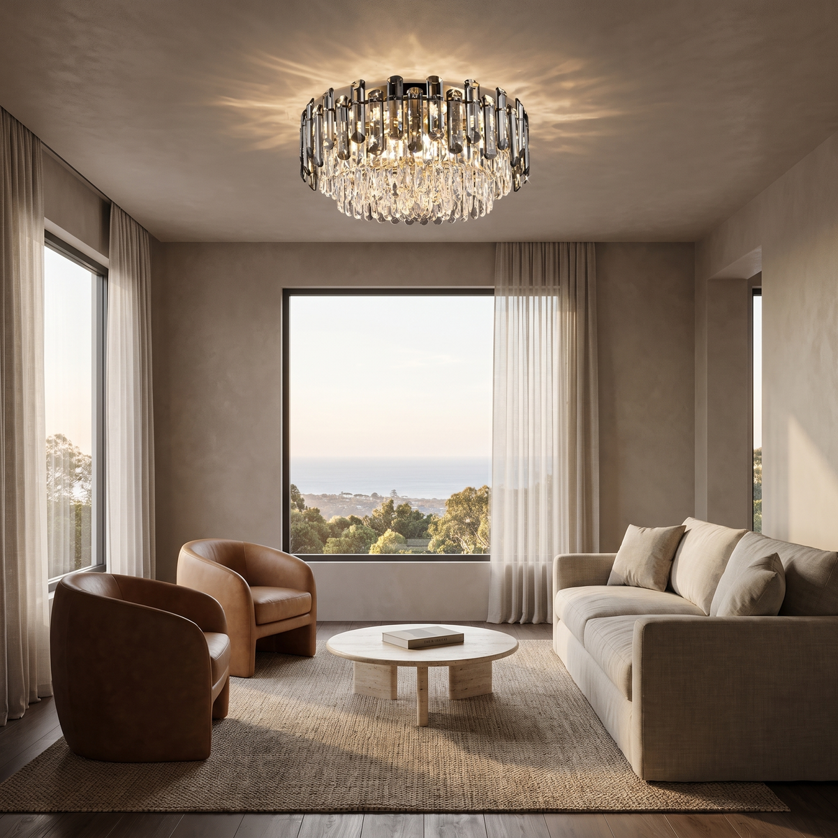 Kiah large round crystal ceiling light above a living room with an ocean view