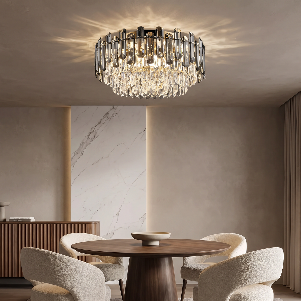 Kiah round crystal flush mount chandelier above a round walnut dining table in the evening