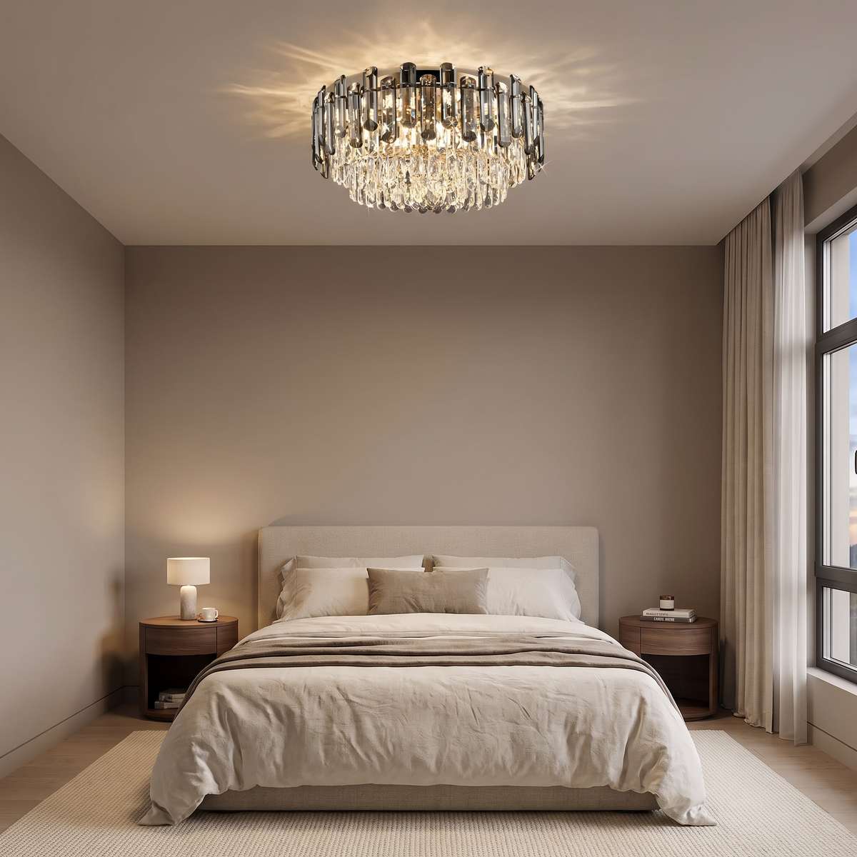 Kiah small round crystal flush mount light on the ceiling of a calm main bedroom