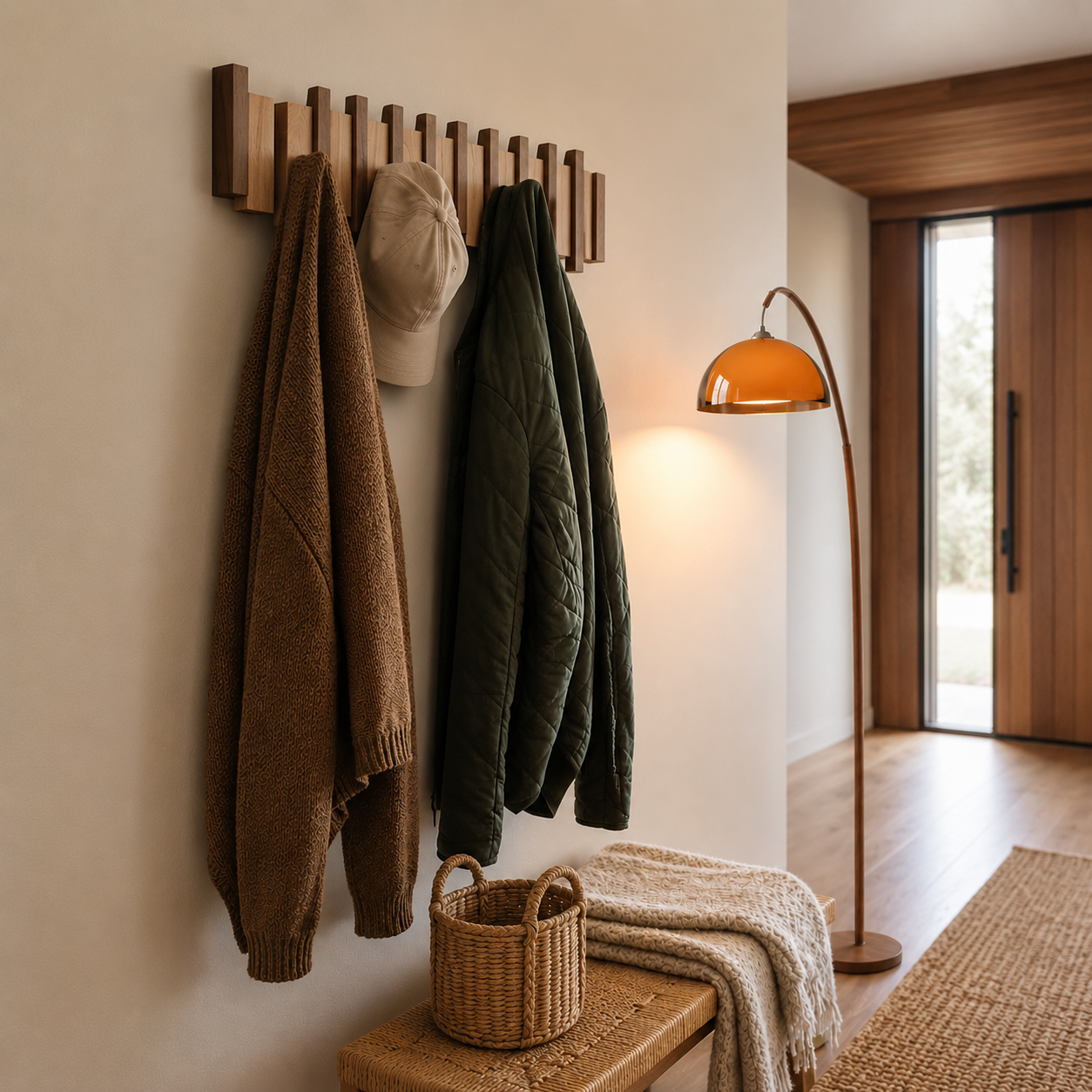 Close-up of the piano key hook design on the Kinjar Wooden Coat Rack