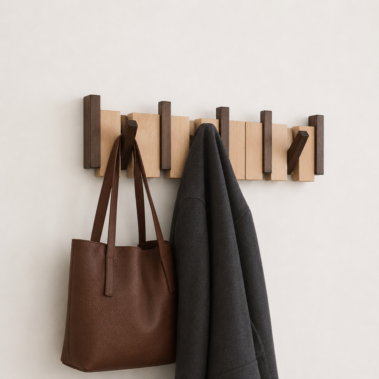 Kinjar Wooden Coat Rack shown with hooks folded closed