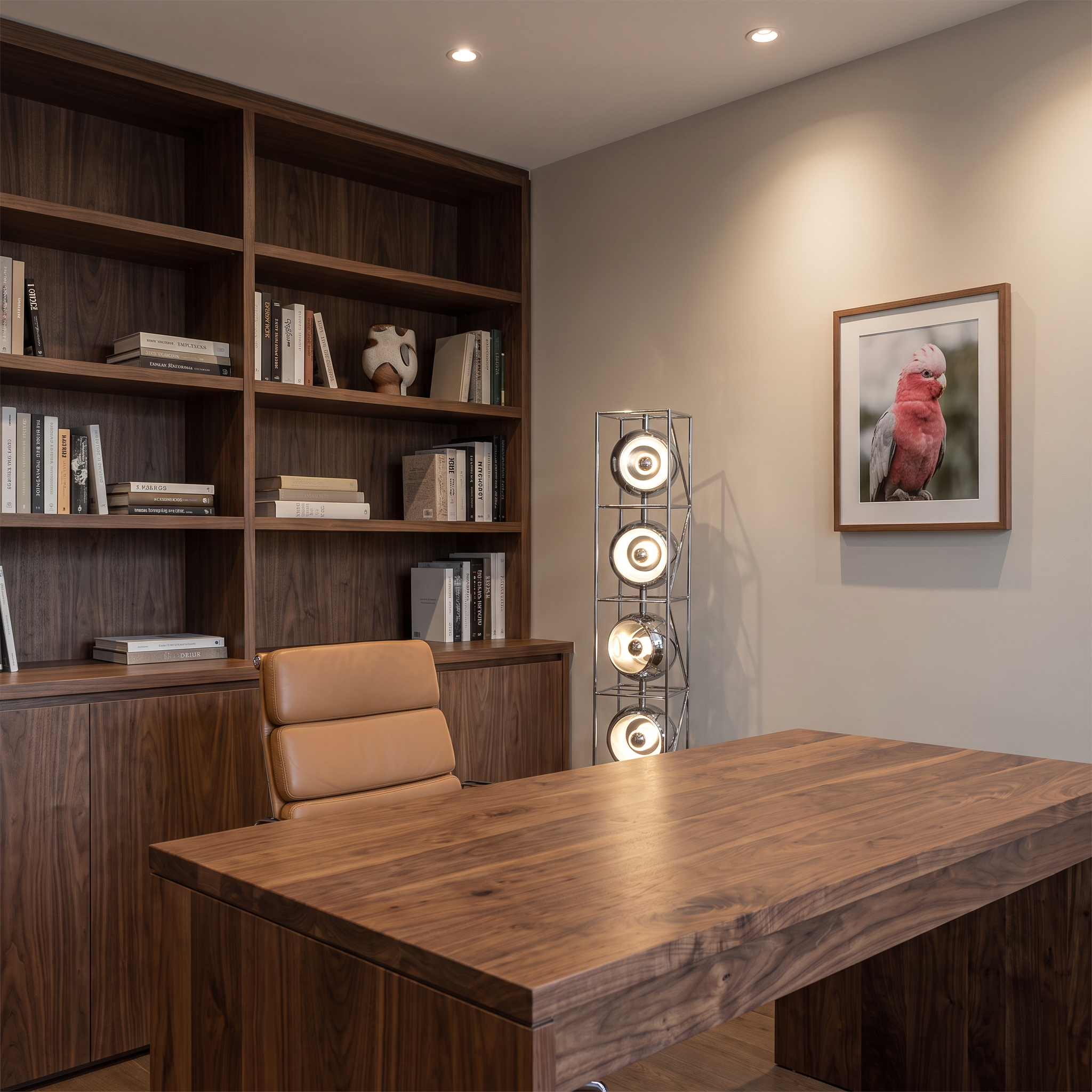 Kioloa silver Bauhaus floor lamp in a sophisticated home office