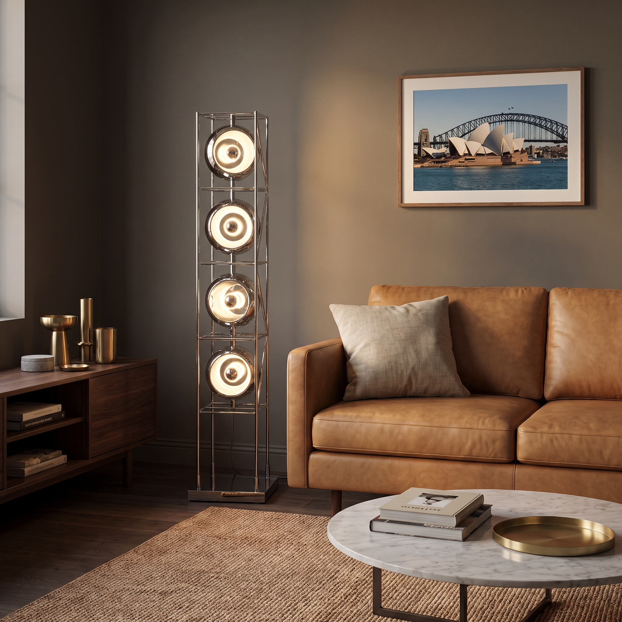 Kioloa silver Bauhaus LED floor lamp beside a leather sofa in a moody luxe living room