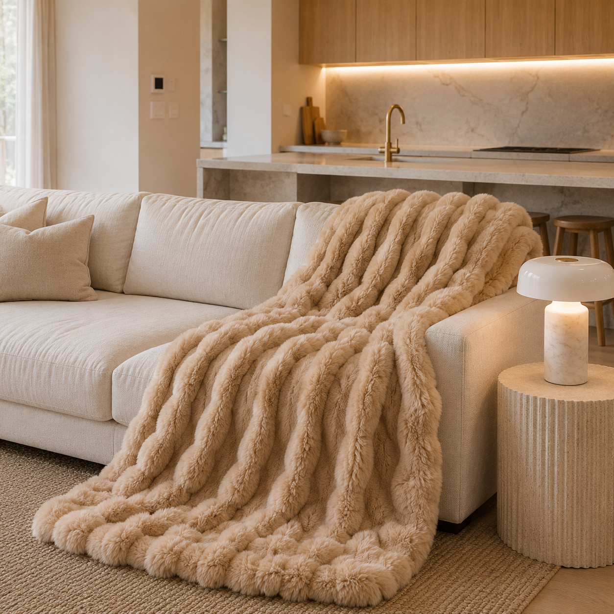 Kirra Plaid Fleece Throw Blanket layered over an armchair