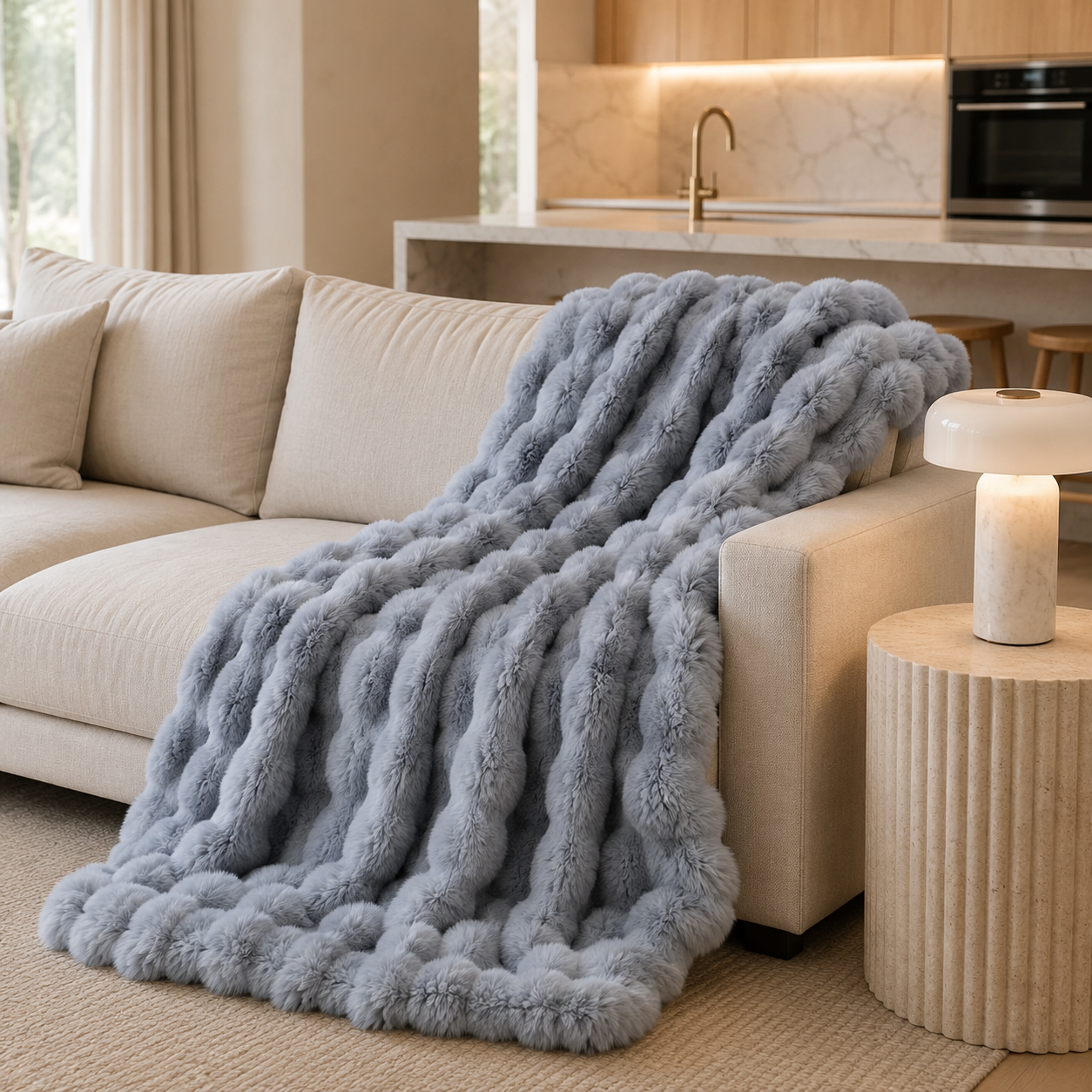 Kirra Plaid Fleece Throw Blanket styled on a sofa for everyday comfort