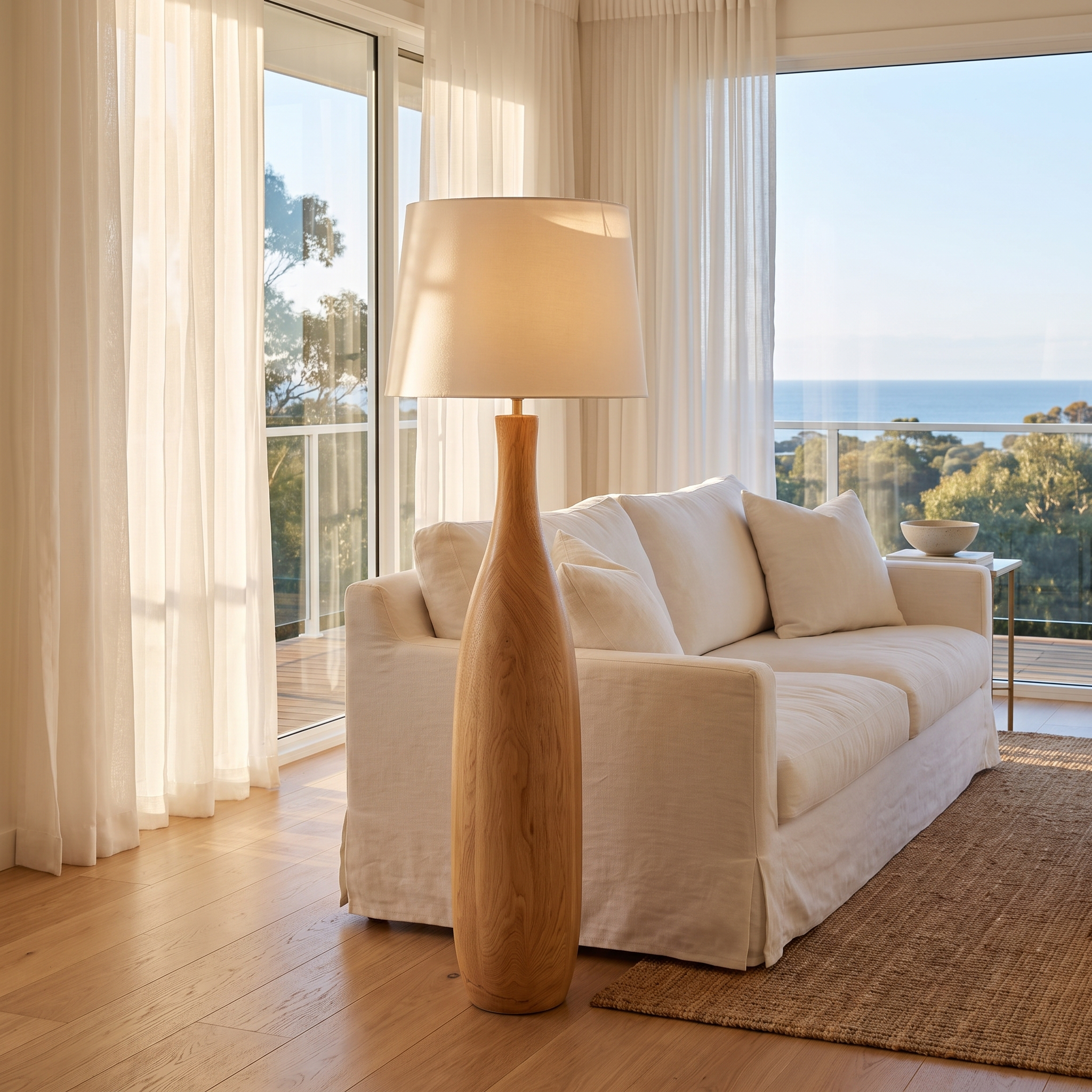 Kiwa floor lamp in a bright coastal living room with an ocean view