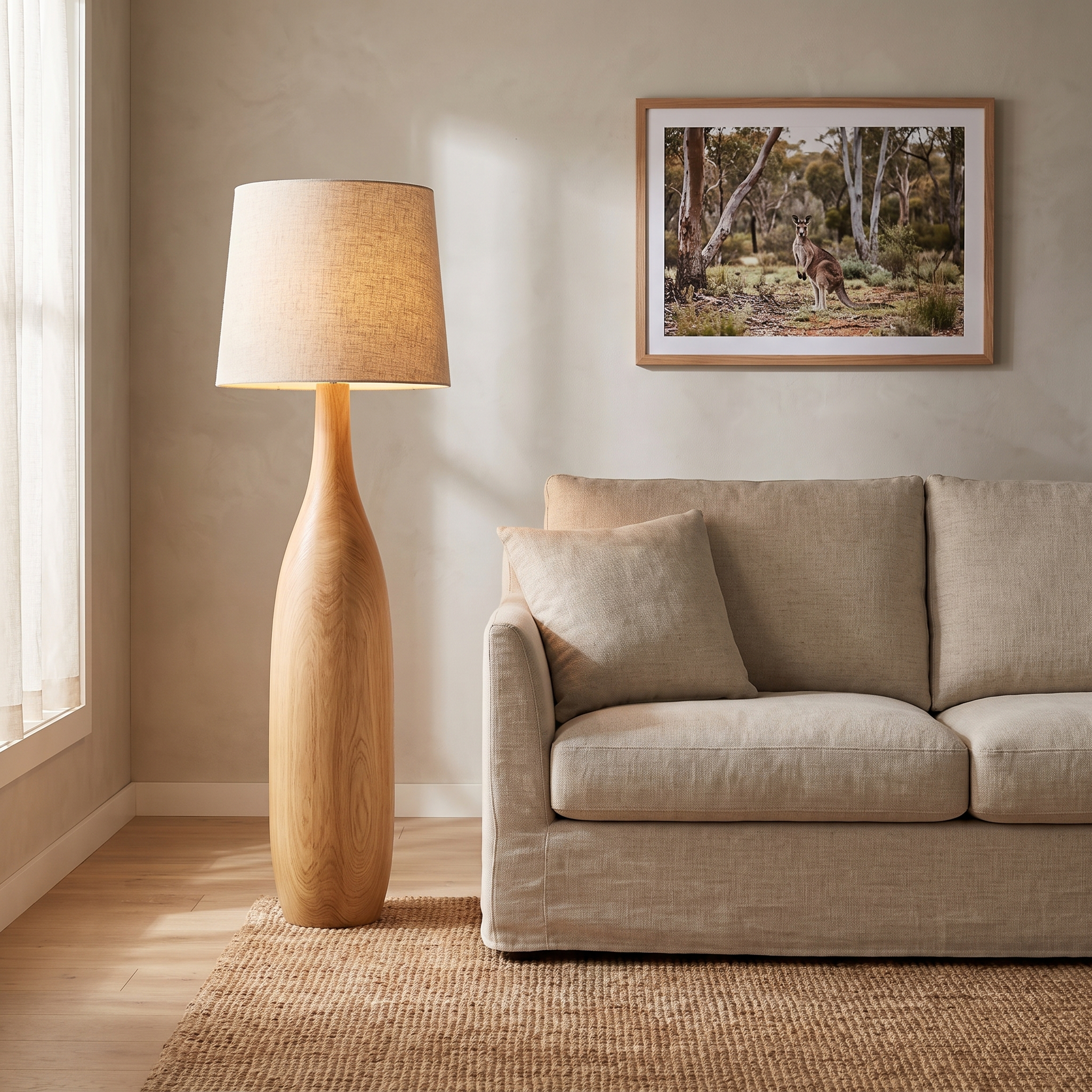 Kiwa sculptural wood base floor lamp in a warm Scandinavian living room
