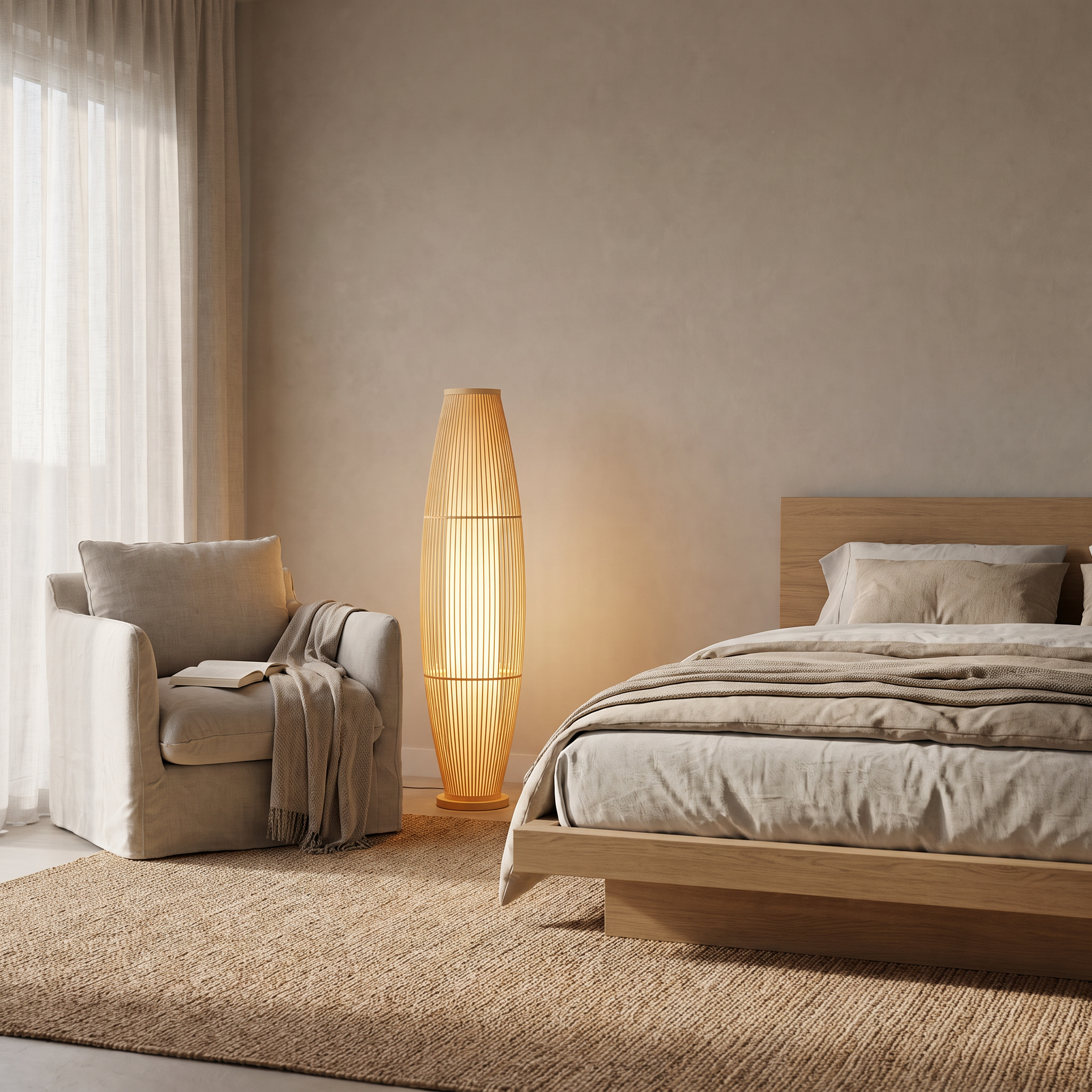 Kosci woven bamboo floor lamp in a bedroom reading corner in a coastal home