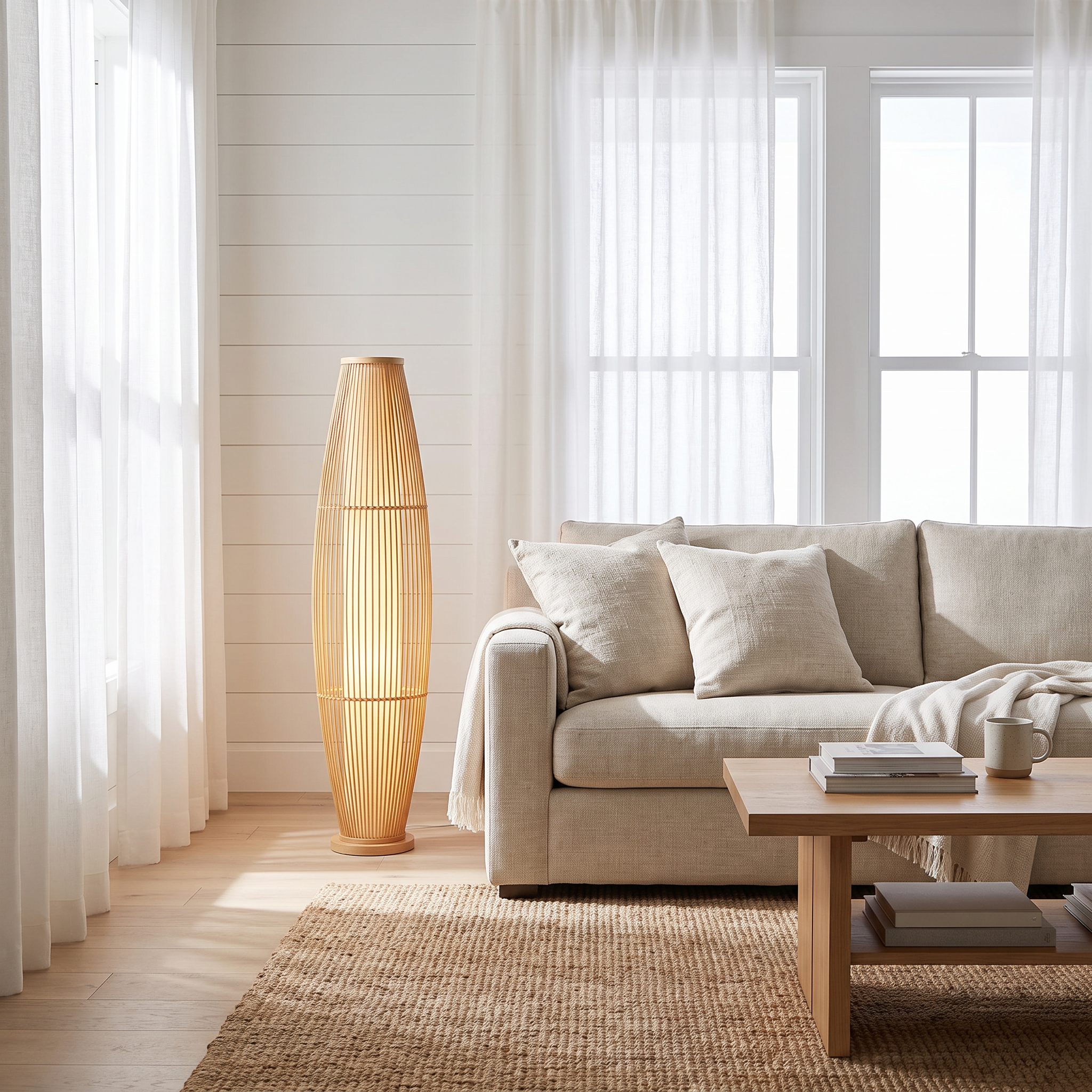 Kosci woven bamboo floor lamp beside a linen sofa in a beach house living room