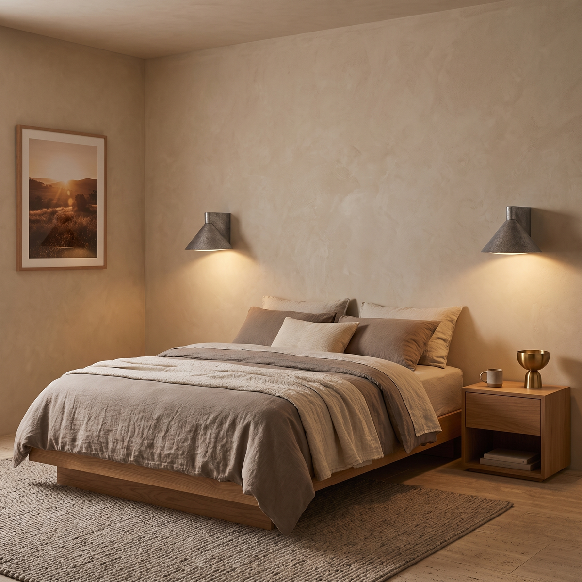 Kula cone wall light either side of a low oak bed in a Japandi bedroom