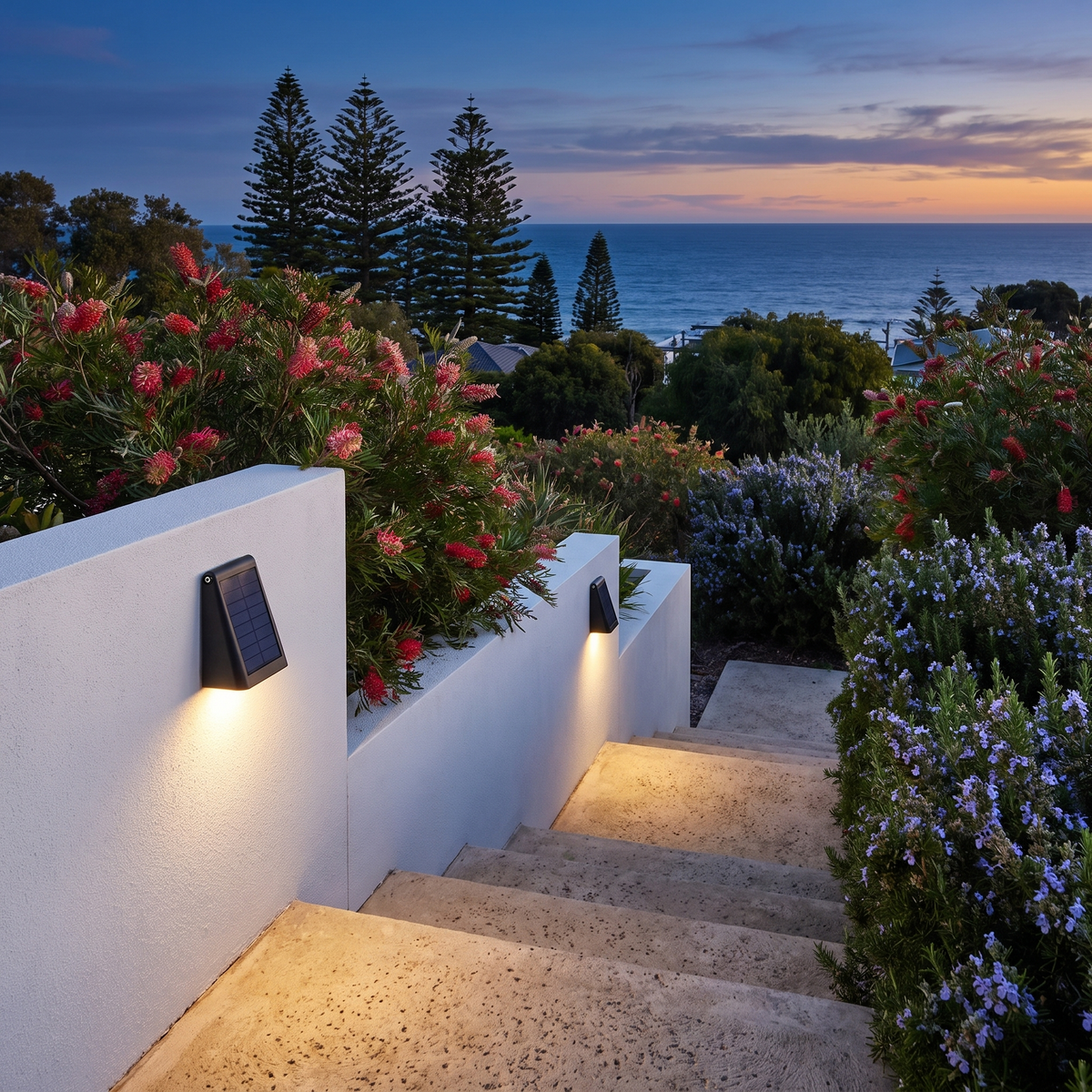 Two Kylie solar outdoor wall lights on a rendered retaining wall by coastal stairs at dusk
