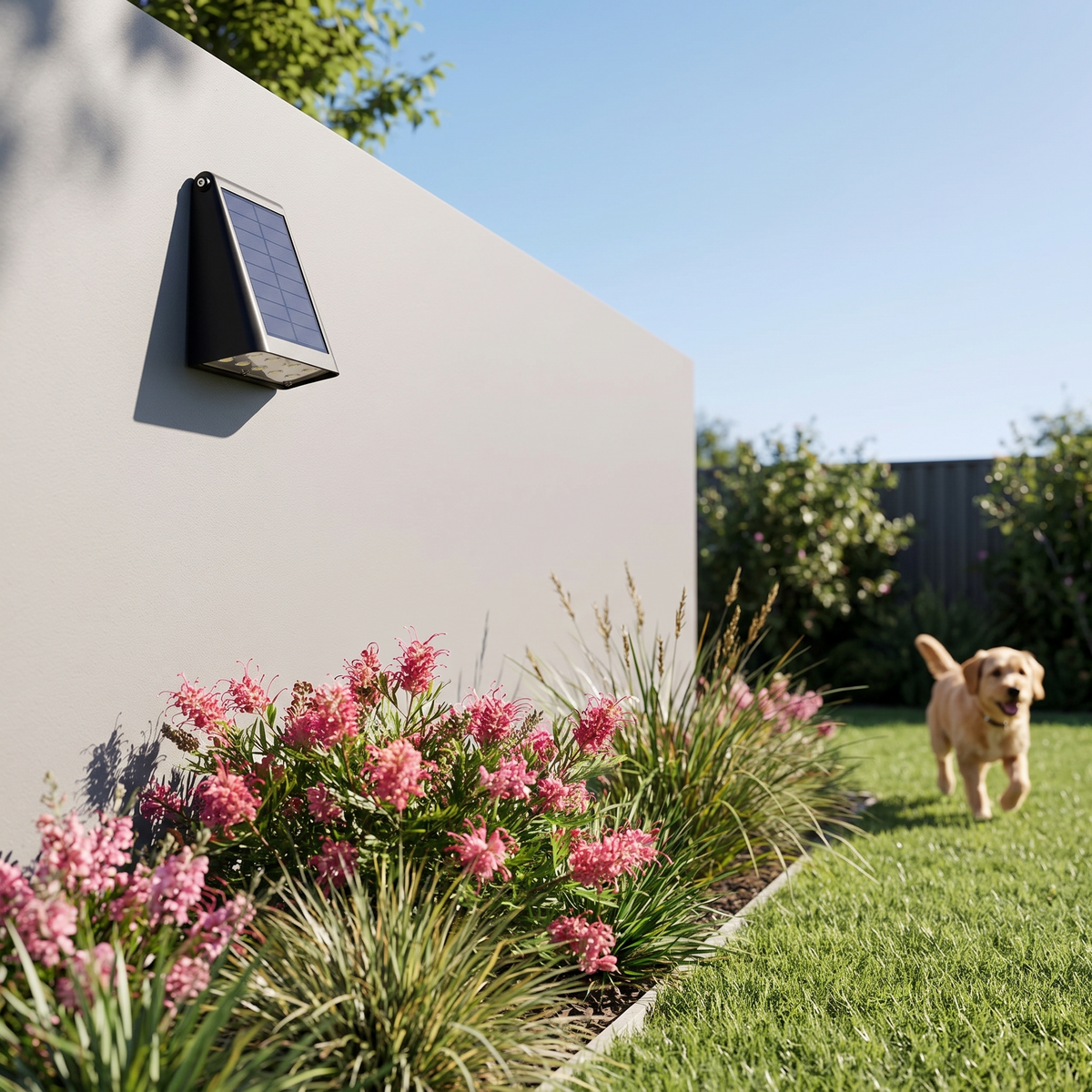 Kylie solar outdoor wall light on a grey rendered backyard wall with grevillea in the morning sun