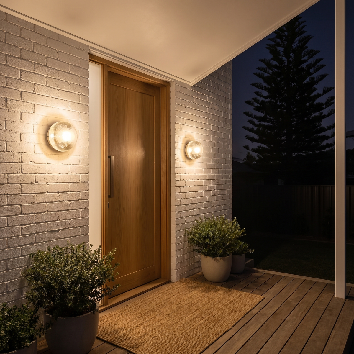 Two Larry bubble glass wall lights glowing either side of an oak front door on painted brick at night