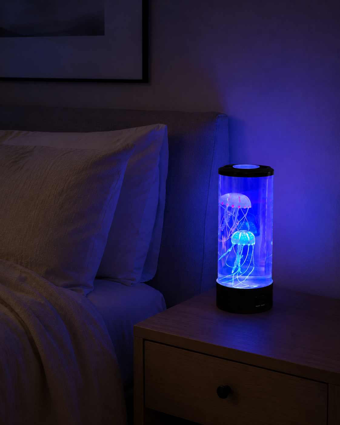 LED Jellyfish Lava Lamp glowing with color-changing lights
