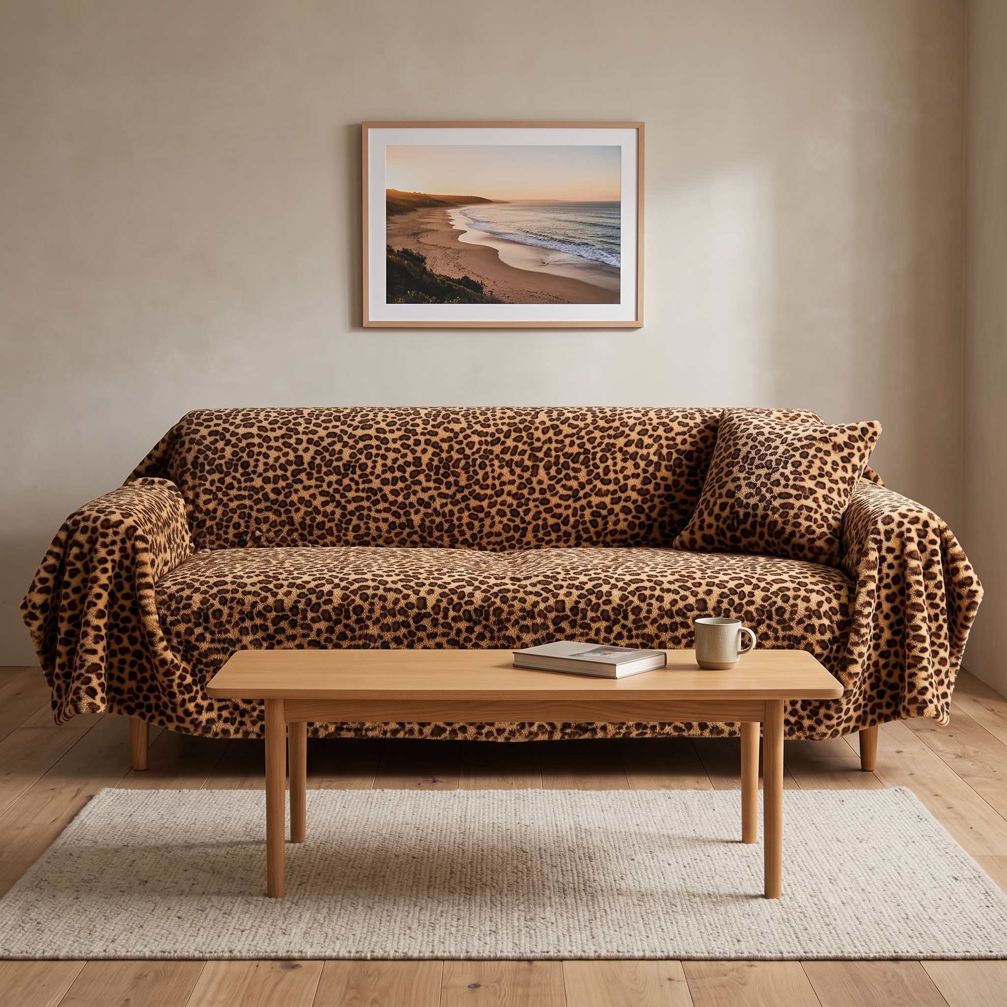 Leopard print plush sofa cover in Charcoal Gray styled in a Scandinavian living room