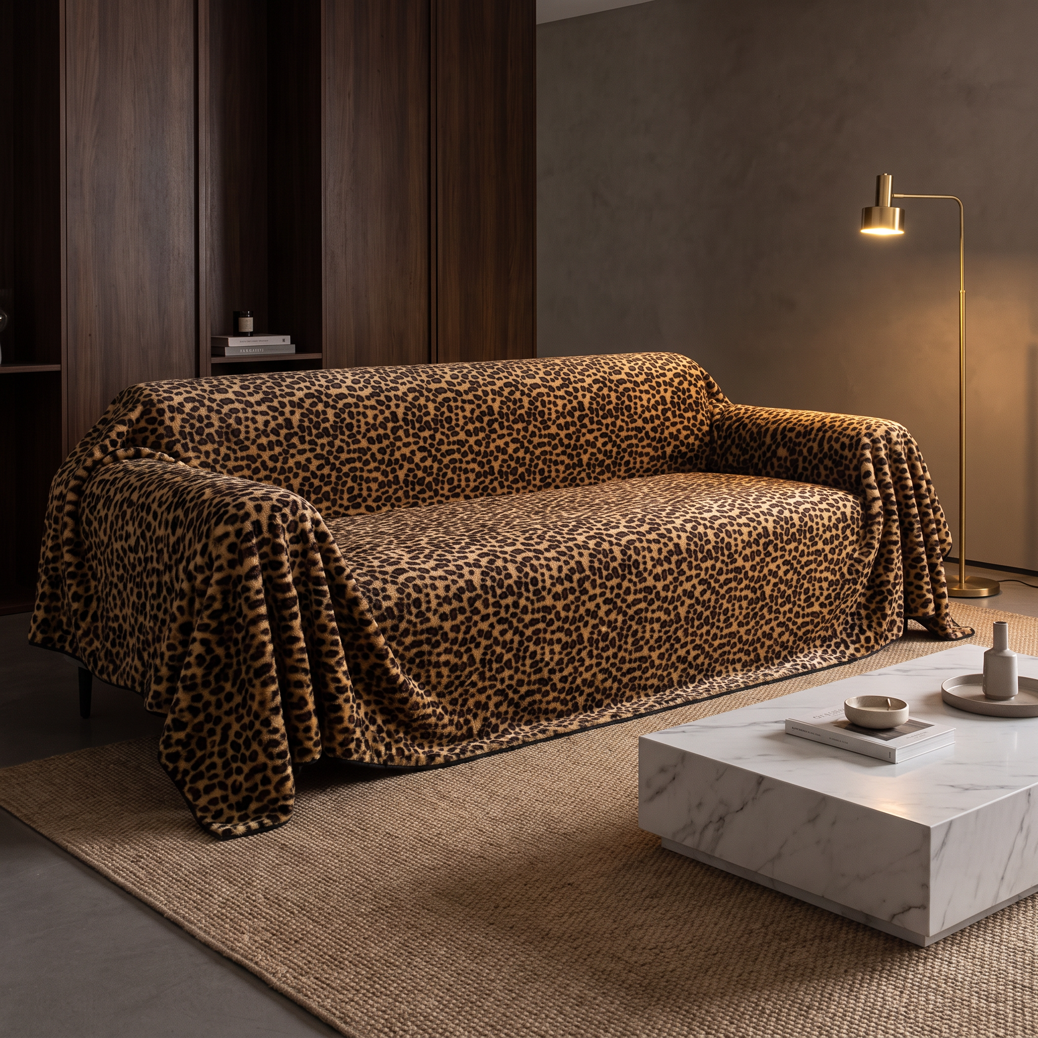 Leopard print plush sofa cover in Classic Brown styled in a warm modern living room