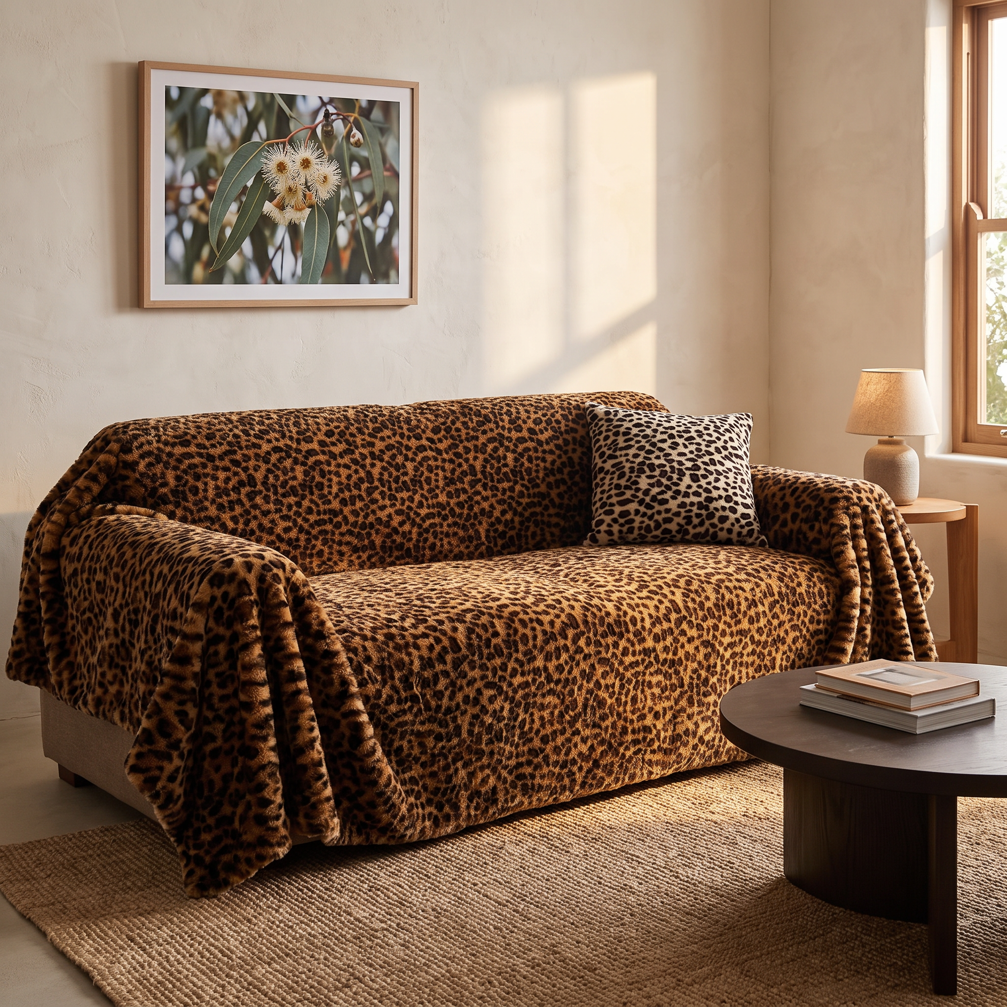 Leopard print plush sofa cover in Forest Green styled in a warm textured living room