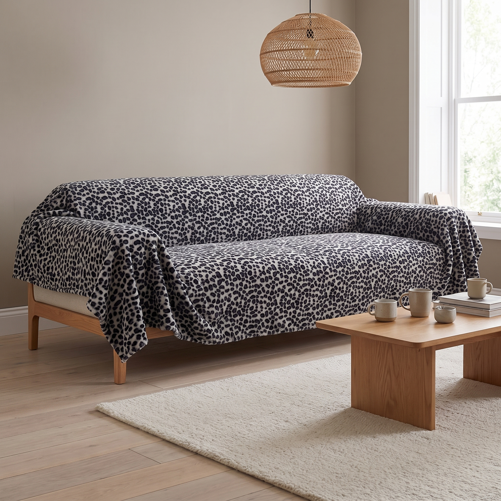 Leopard print plush sofa cover in Sandy Beige styled in a Japandi living room