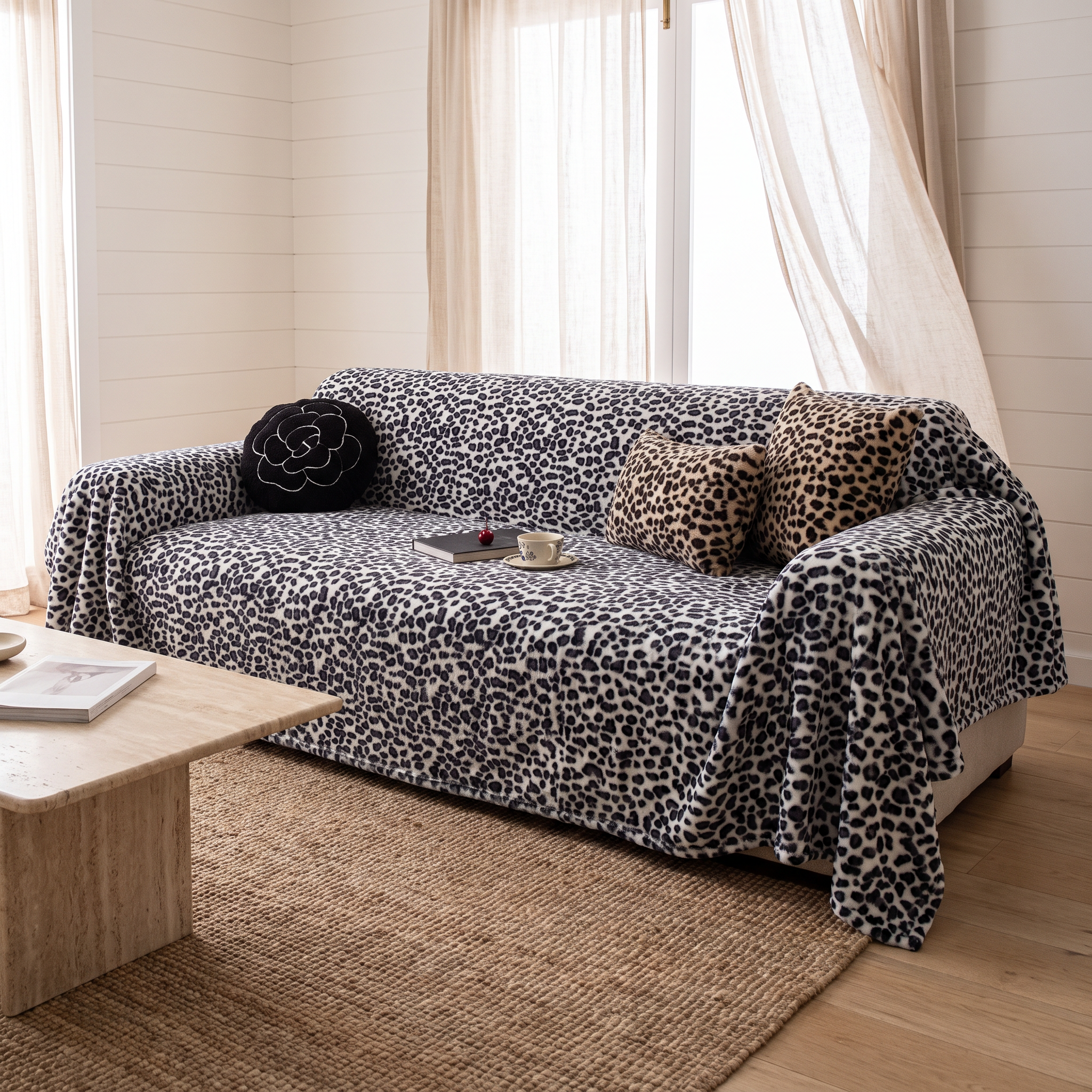 Leopard print plush sofa cover in Snow White styled in a coastal Australian living room