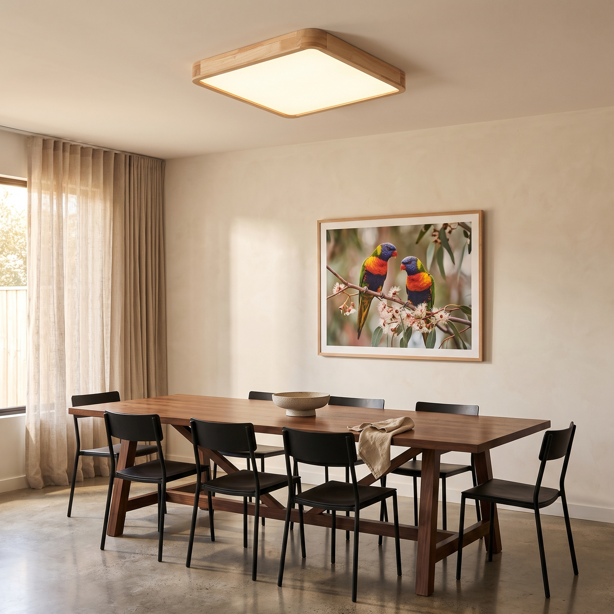 Lerie square timber LED ceiling light above a dining room with a walnut trestle table