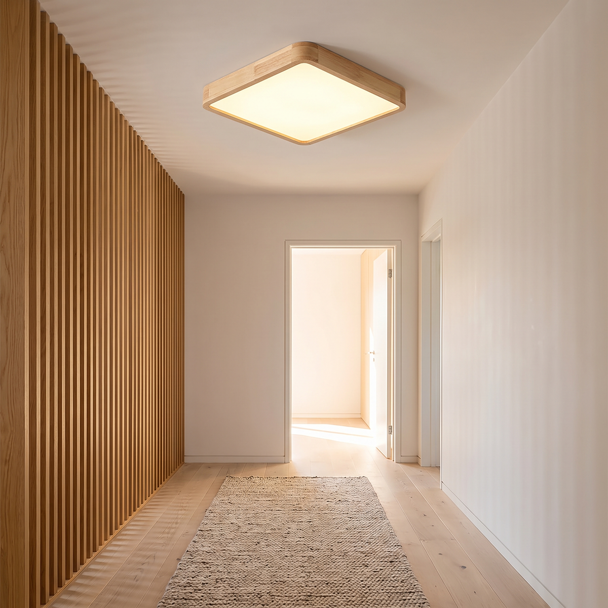 Lerie square timber LED ceiling light in a hallway with an oak slat feature wall
