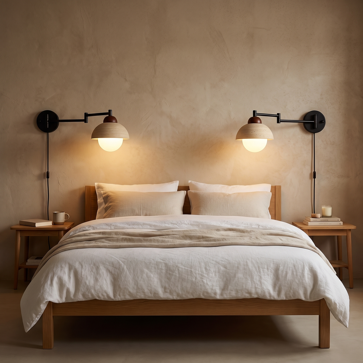 Lido travertine swing arm wall lamp in a bedroom