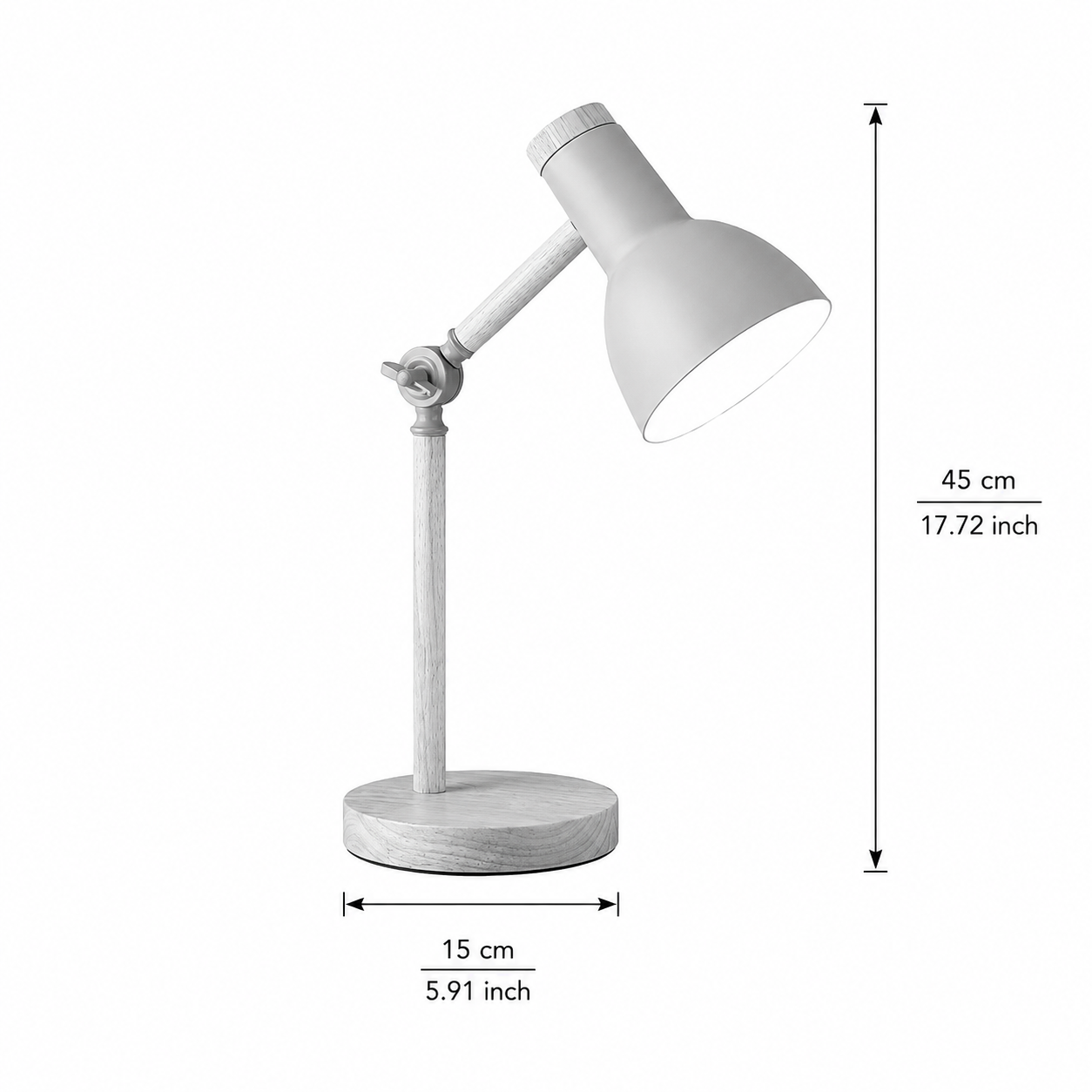 Lina adjustable wood table lamp with a natural wood arm, matte metal shade and articulated joints in a Nordic minimalist design