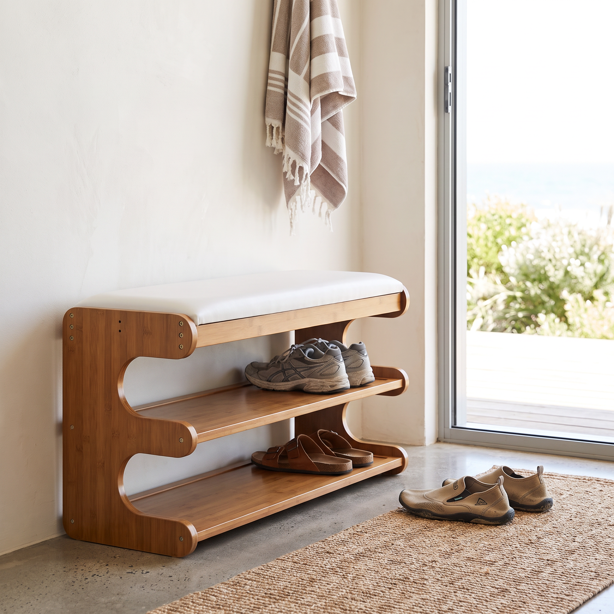 Lina bamboo shoe bench in a beach house mudroom with a sisal runner and shoes drying beside it