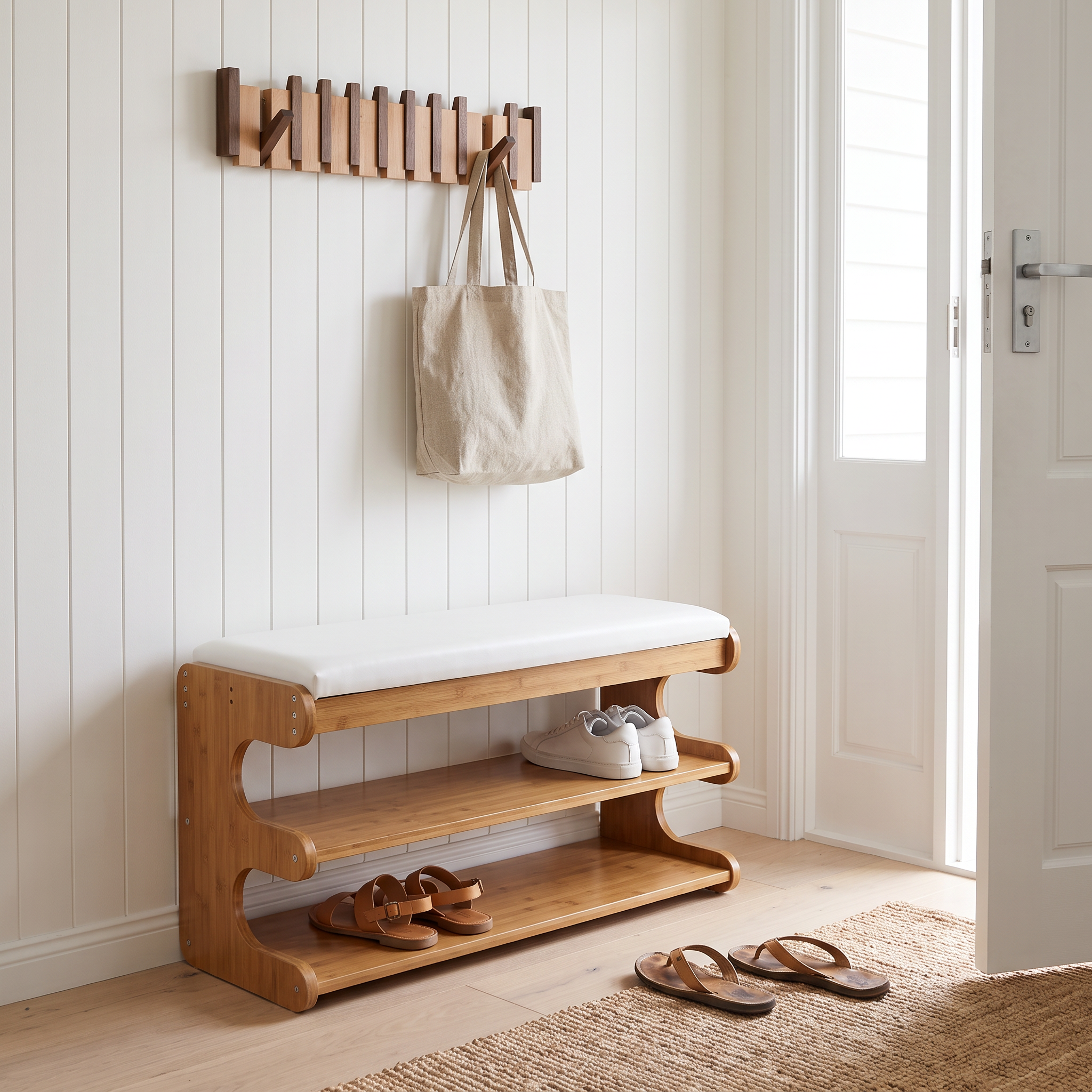 Lina bamboo shoe bench below a Kinjar wooden coat rack in a white shiplap beach house front entry