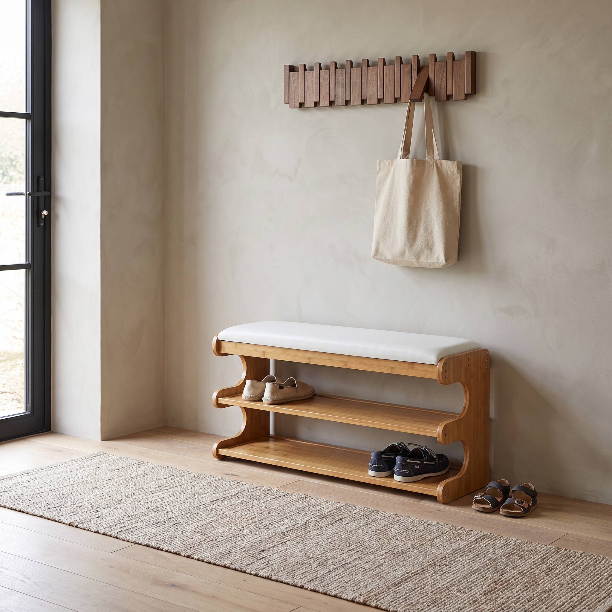 Lina bamboo shoe bench below a walnut Kinjar coat rack in a warm Scandinavian coastal front entry