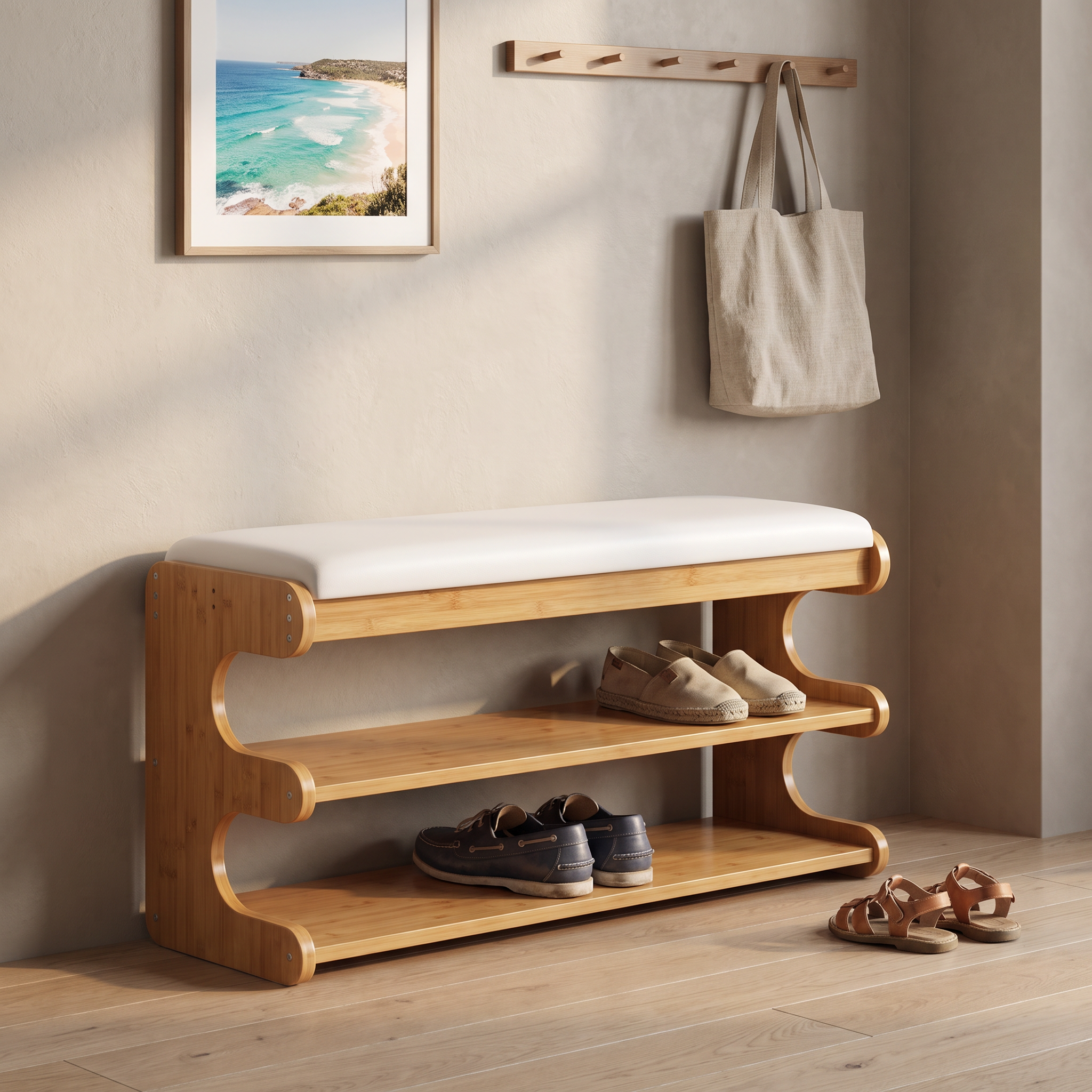 Lina bamboo shoe bench in a Scandinavian coastal hallway with a linen tote and shoes on both tiers