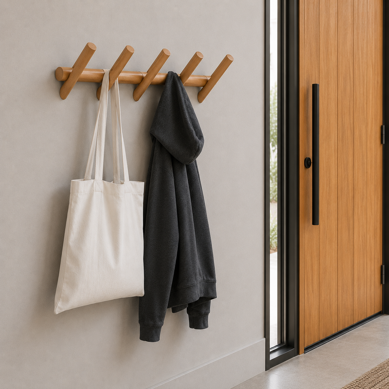 Close-up of the oak wood finish on the Liora Oak Wood Wall Storage Rack