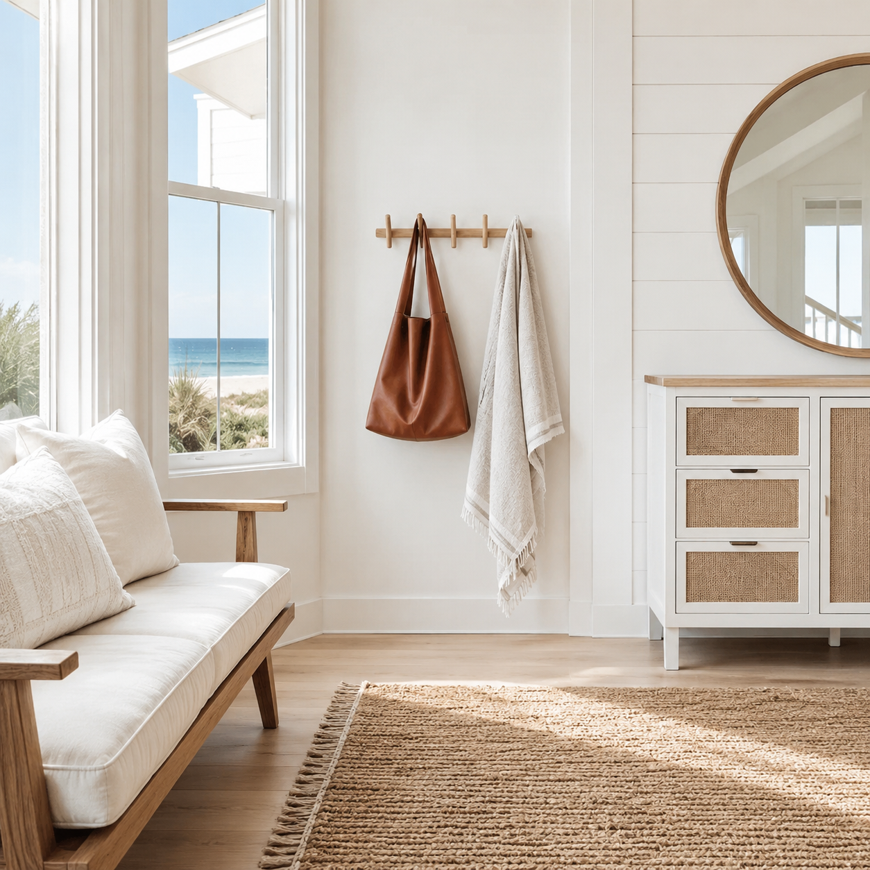 Liora Oak Wood Wall Storage Rack shown with 4 hooks