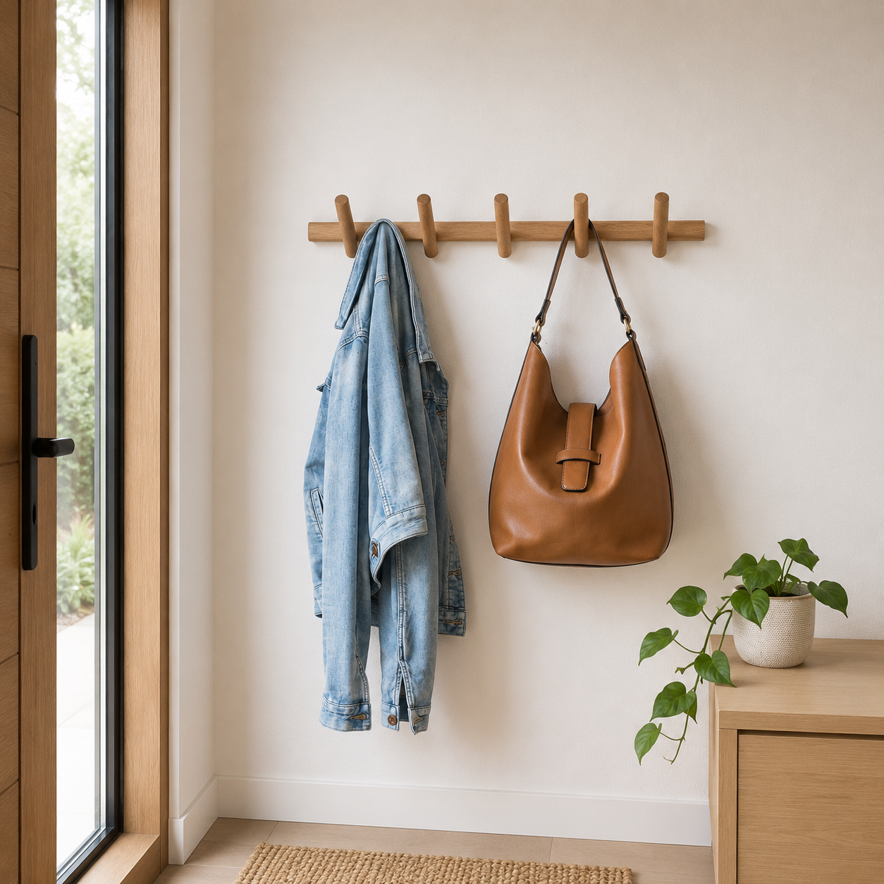 Liora Oak Wood Wall Storage Rack shown with 5 hooks