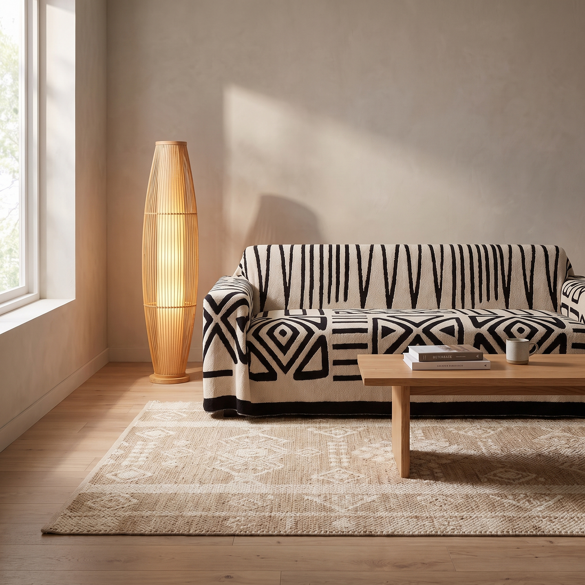 Kosci woven bamboo floor lamp beside a Breck jacquard sofa cover with an Ormand textured rug