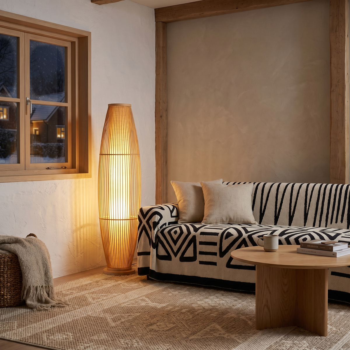 Kosci bamboo lamp glowing beside a sofa in a Breck maze cover on an Ormand rug on a winter evening