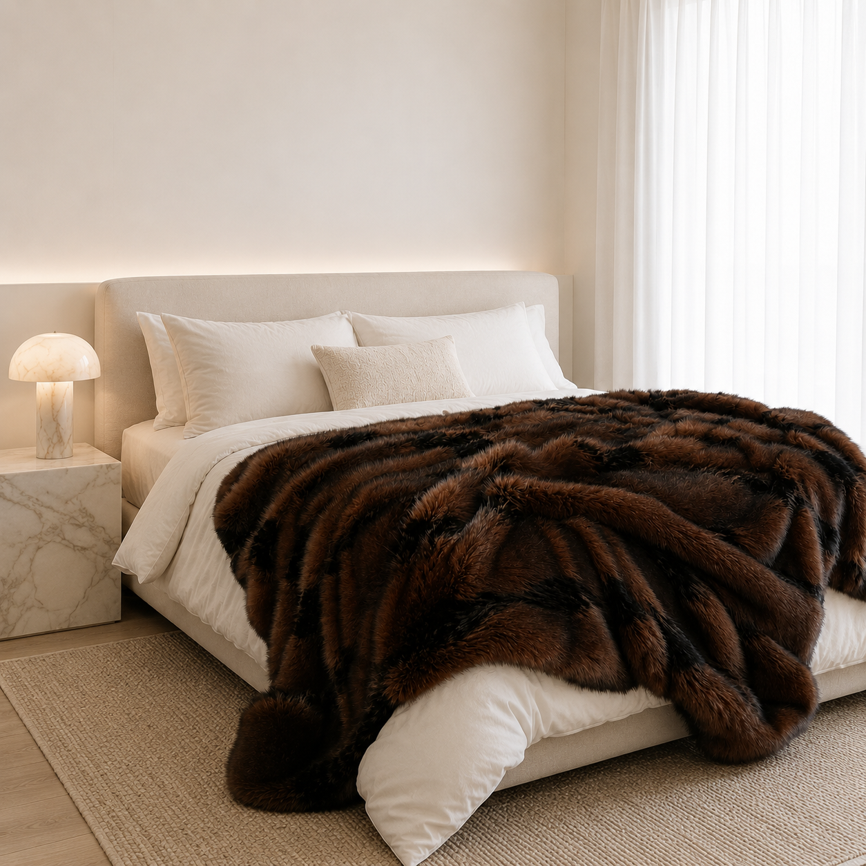 Lorne Faux Fur Blanket styled on a bed for extra warmth and texture