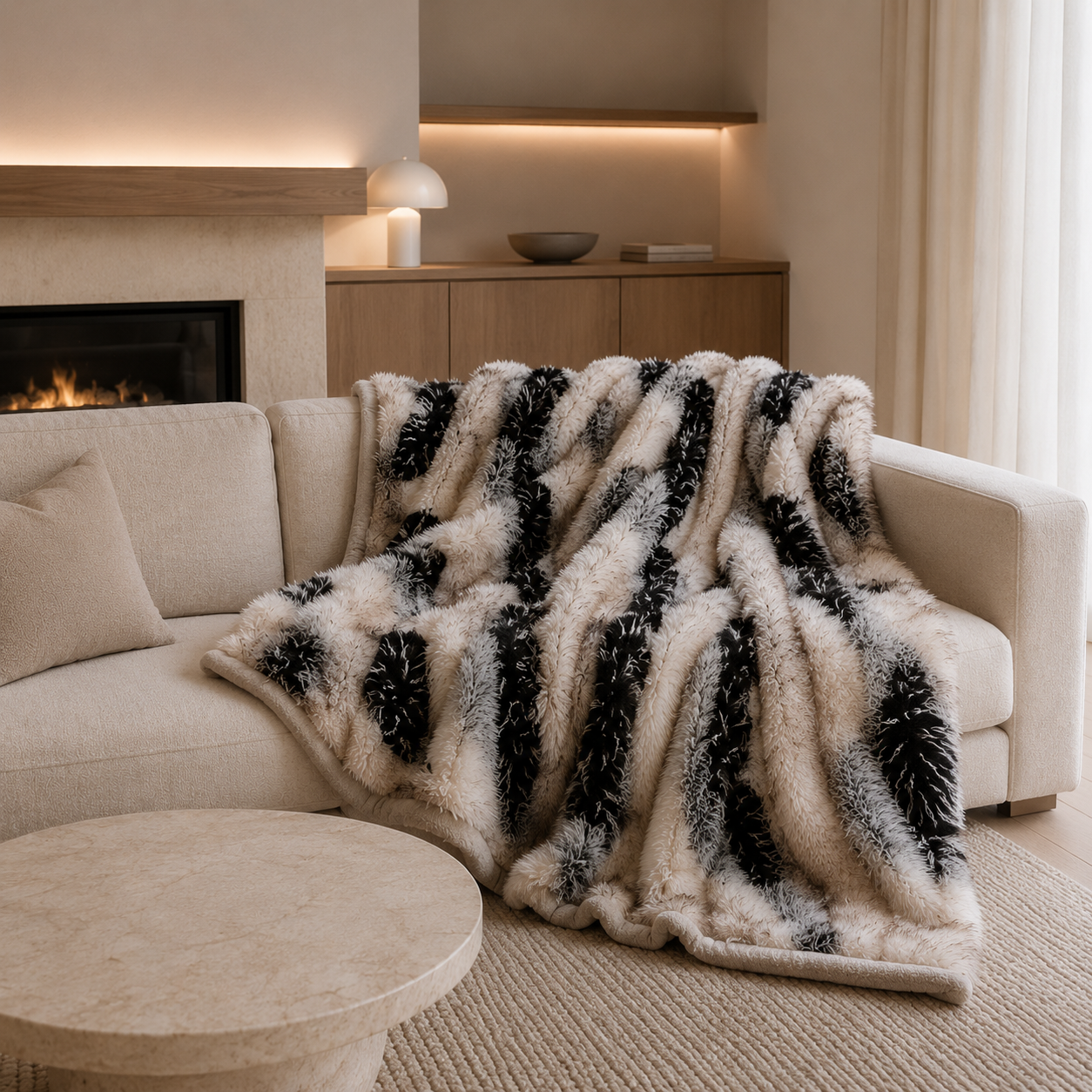 Lorne Faux Fur Blanket in a cosy reading nook setting