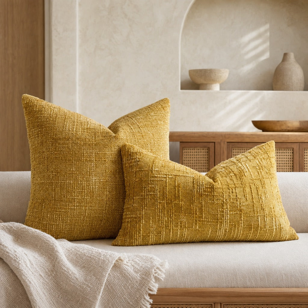 Lucina chenille lumbar and square throw pillows in yellow on a sofa by a rattan sideboard