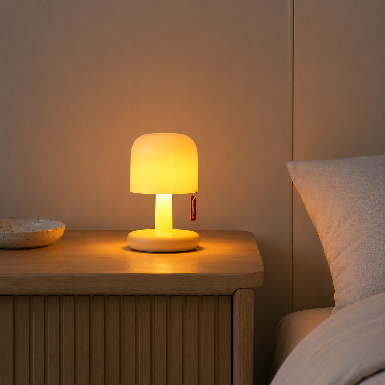 Lumi Glow LED portable table lamp glowing with warm sunset colors