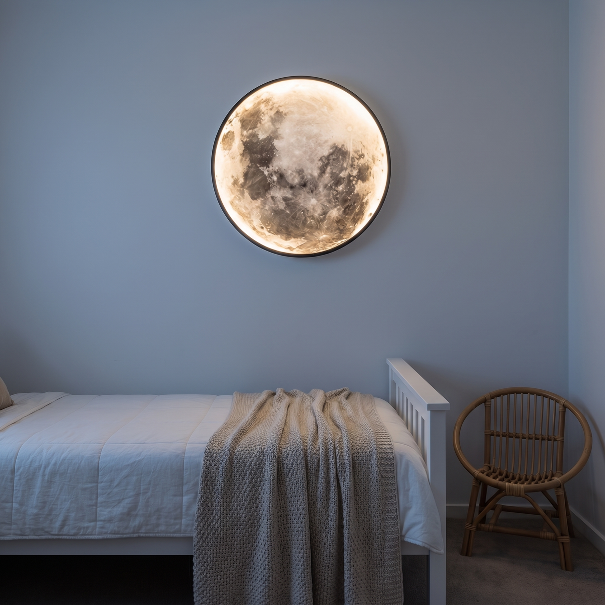Lune moon LED wall light as a night light above a child's single bed