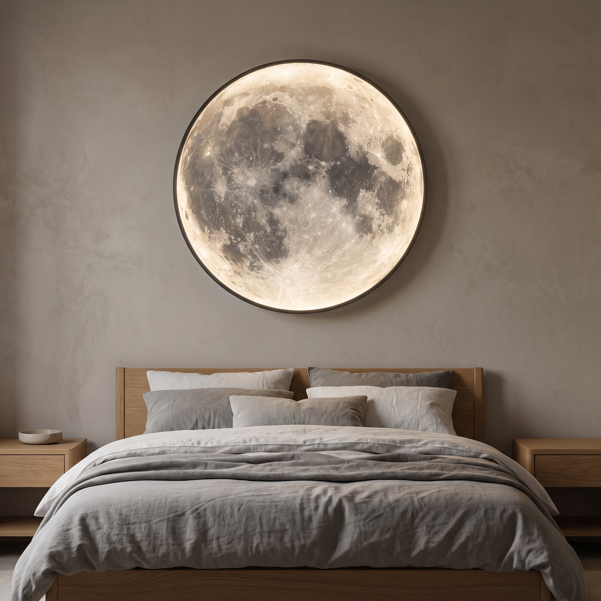 Large Lune full moon LED wall light glowing above a bed in a calm bedroom