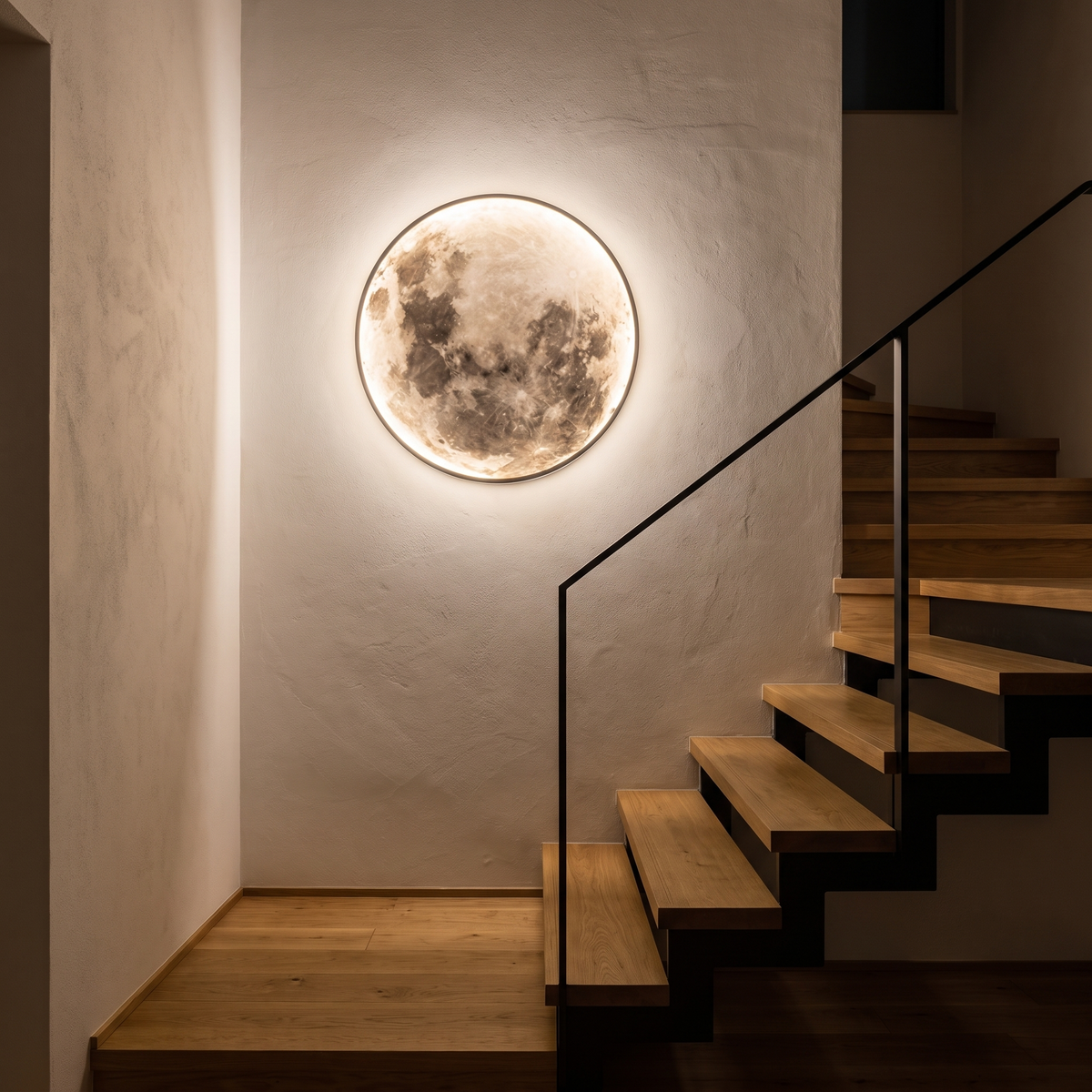 Lune moon LED wall light lighting a stairwell at night