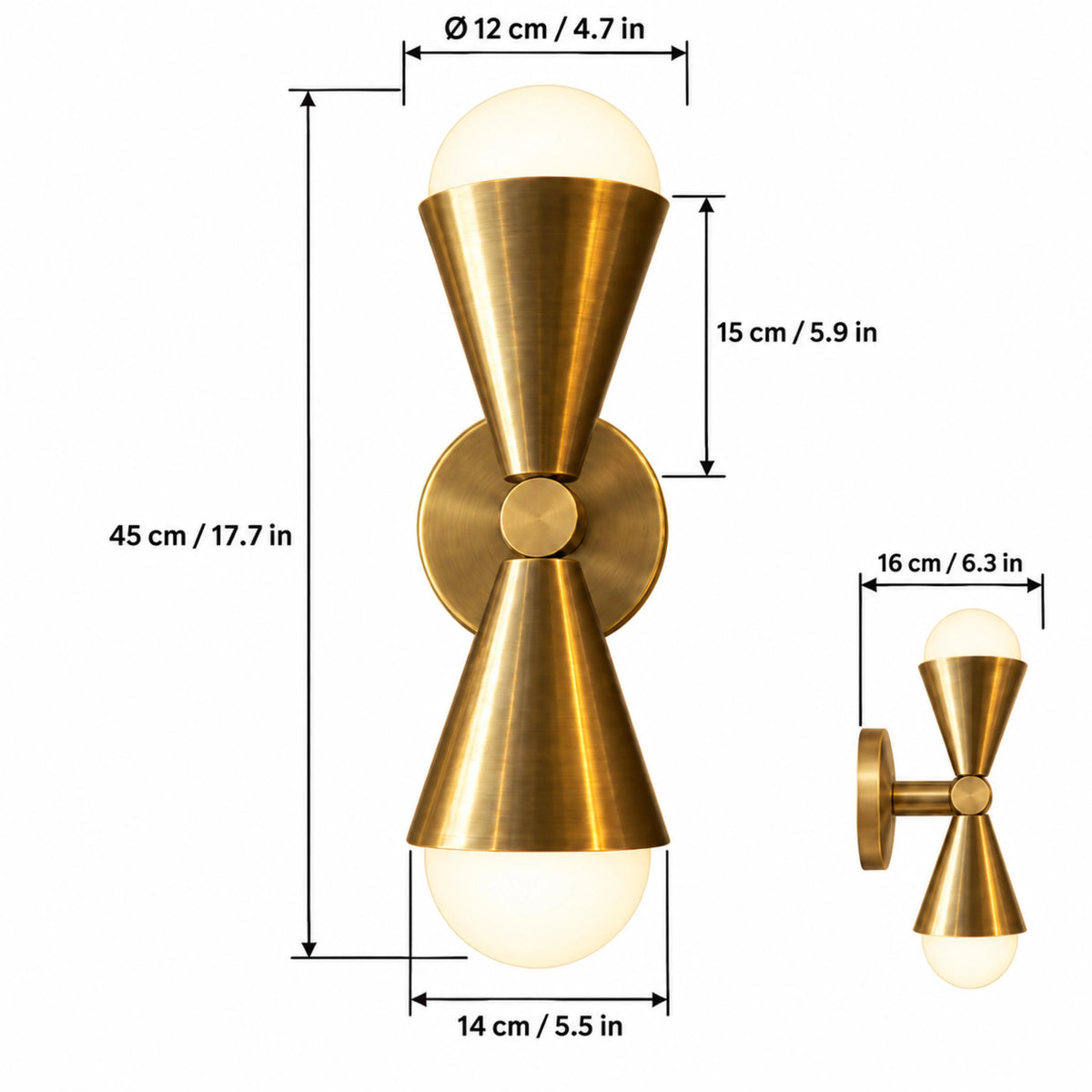 Lura twin wall sconce dimensions, 45cm tall, 14cm wide, 16cm deep with 12cm opal glass globes