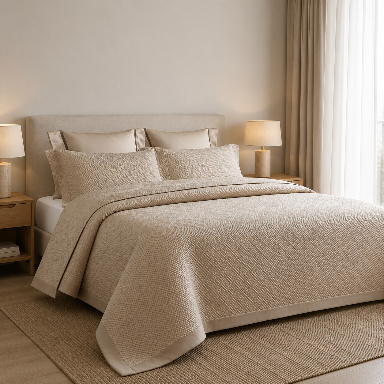 Luxe Geometric Champagne Sand Quilt Set styled in a modern bedroom