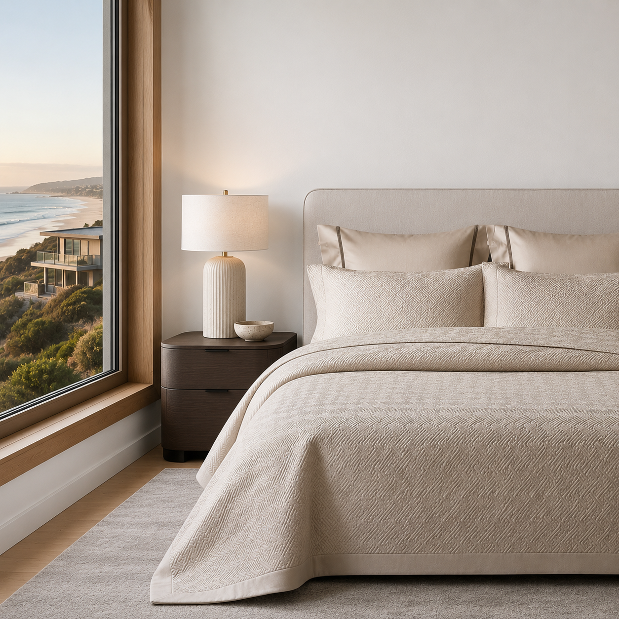 Luxe Geometric Champagne Sand Quilt Set showing a close-up of the geometric quilted pattern