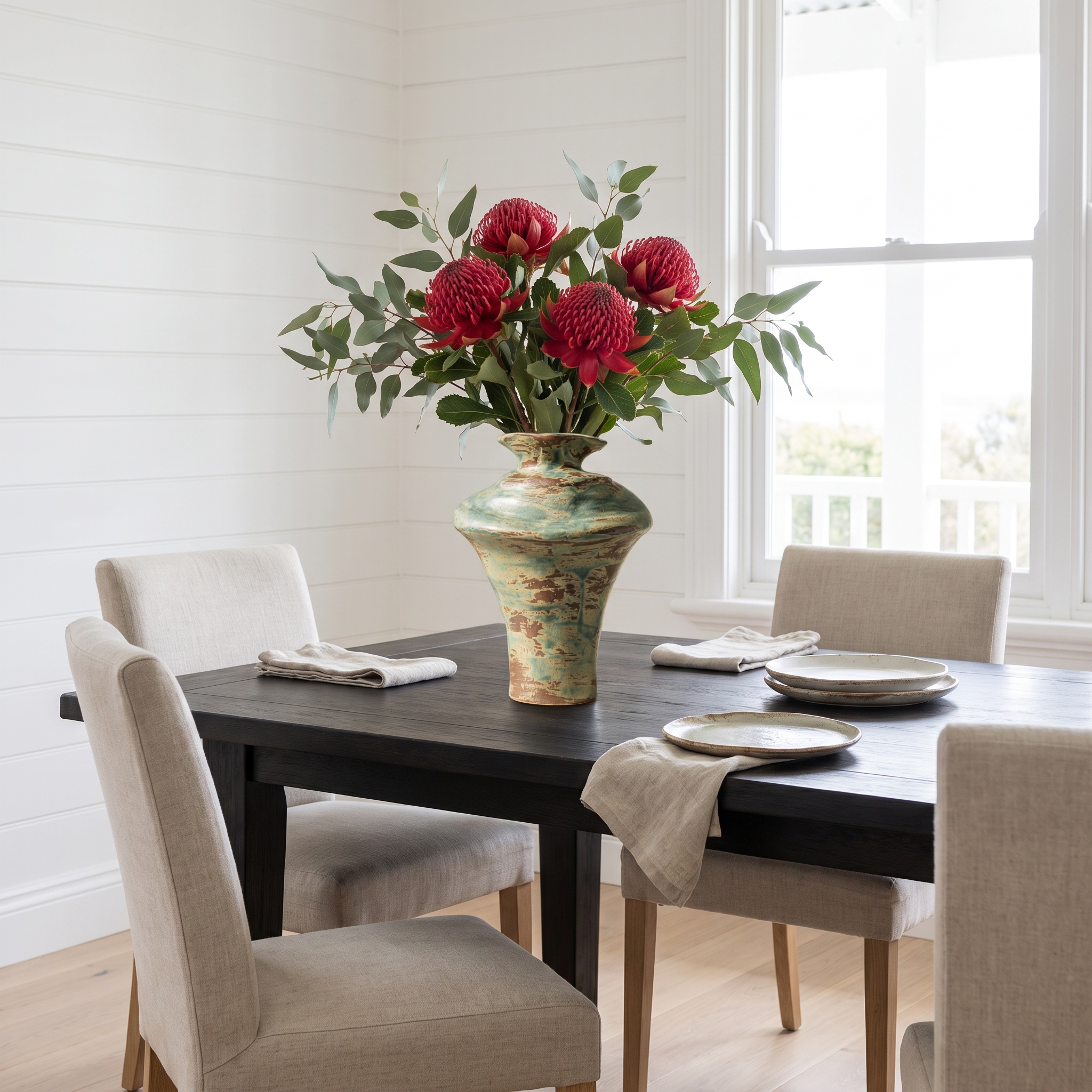 Malabar matte sage green ceramic vase with red waratahs on a dark-timber dining table in a coastal beach-house dining room