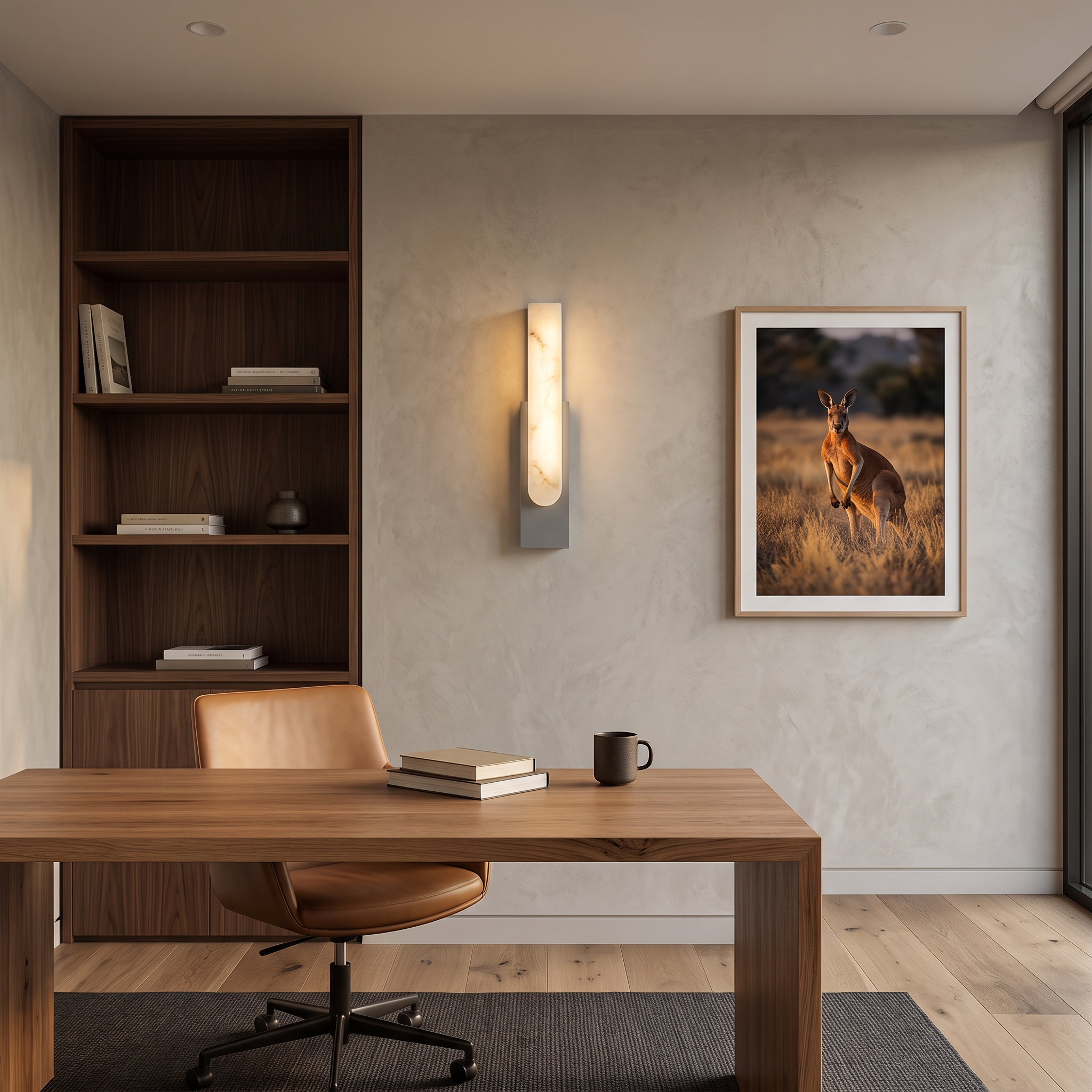 Mali alabaster LED wall sconce in Grey beside dark walnut shelving in a home office