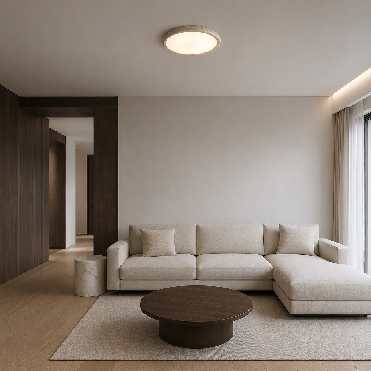 Mali Travertine LED Ceiling Lamp shown in a bedroom setting